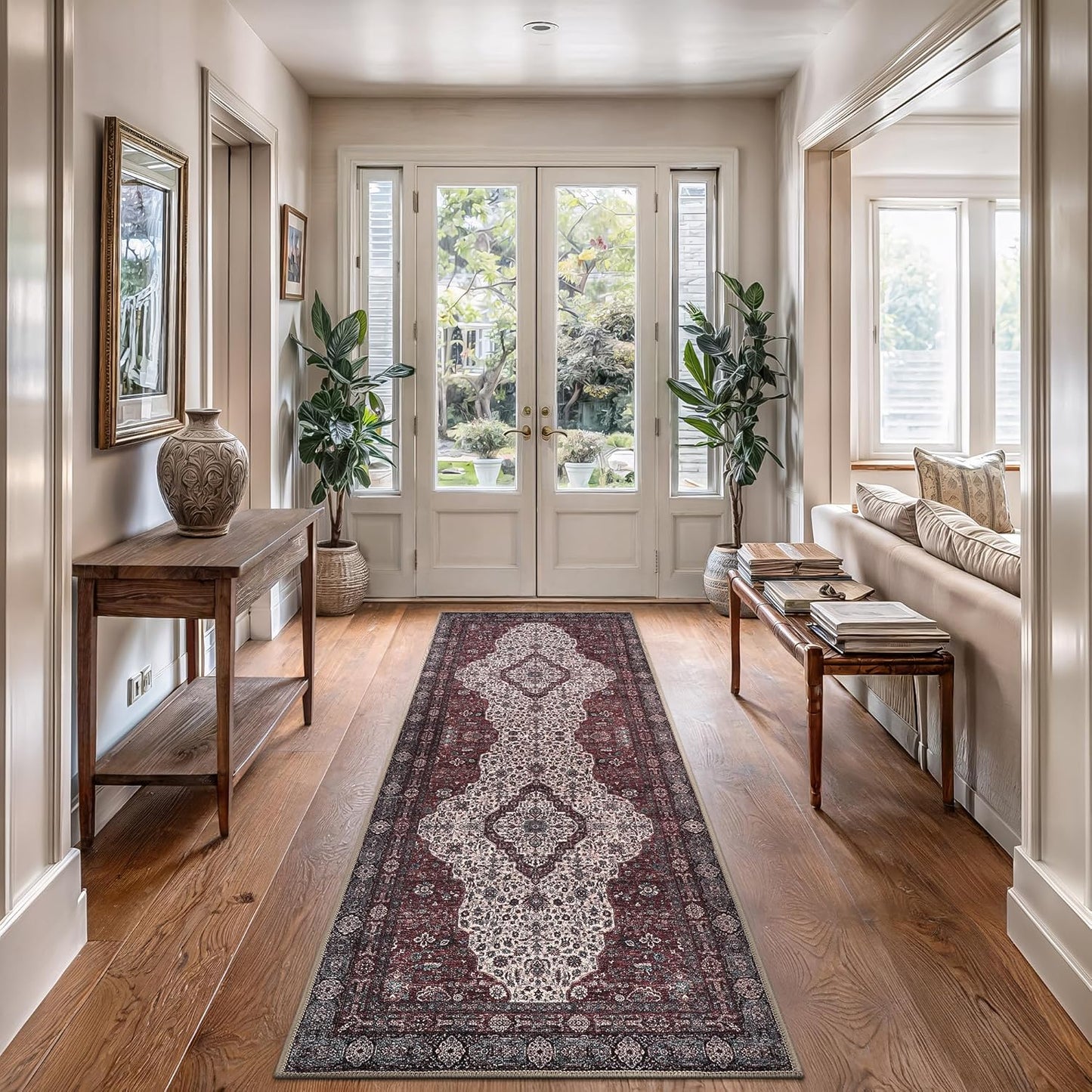 Bloom Rugs Washable Non-Slip 7 ft Runner - Red/Green/Cream Traditional Medallion Runner for Entryway, Hallway, Bathroom, and Kitchen - Exact Size: 2.5' x 7'