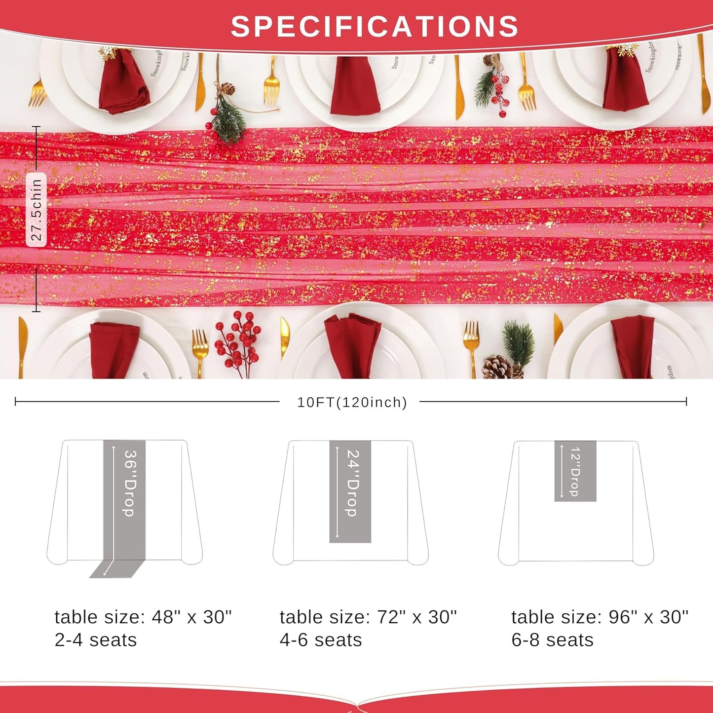 Snowkingdom 10FT Red Gold Table Runner, Sequin Glitter Sheer Chiffon Gauze Cheesecloth Runner 120 Inch, Red and Gold Party Decorations for Wedding Anniversary Birthday Graduation Christmas Holiday