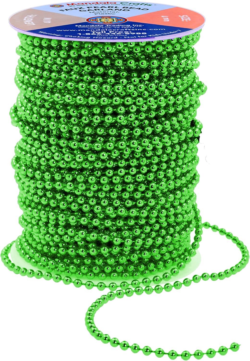 Mandala Crafts 4mm Faux Green Pearl Beads Roll - 44 Yards Strand of Fake Pearls Chain Garlands Spool String for Christmas Tree, Wedding, Party, Vases, DIY Decoration