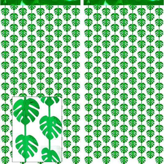 2 Packs Jungle Leaf Foil Fringe Curtain, Green Glitter Tropical Palm Leaves Metallic Tinsel Backdrop for Safari Birthday, Baby Shower, Hawaiian Aloha Luau Party Decorations Supplies