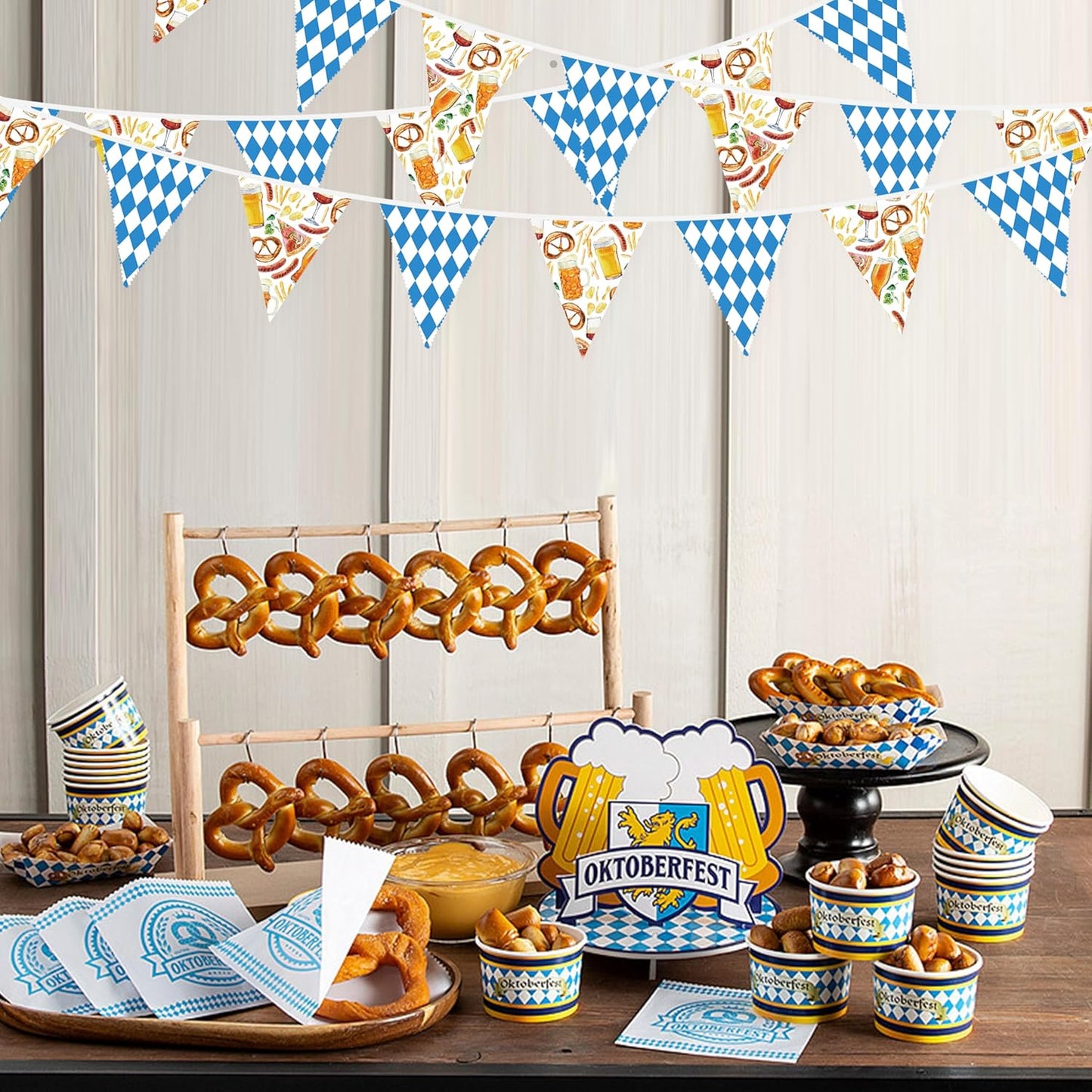 32Ft Oktoberfest Party Decorations Blue Plaid Triangle Flag Fabric Banner Pennant Garland Streamer for Oktoberfest Birthday German Baby Shower Bavarian Party Decor Supplies