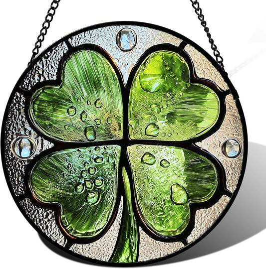 Stained Glass Window Hanging, Green Silver 4 Leaf Clover Sun Catcher for Window Door Home Decor Plant Suncatcher Christmas Mother's Day Birthday Gifts for Women Men Mom Nana 15 in