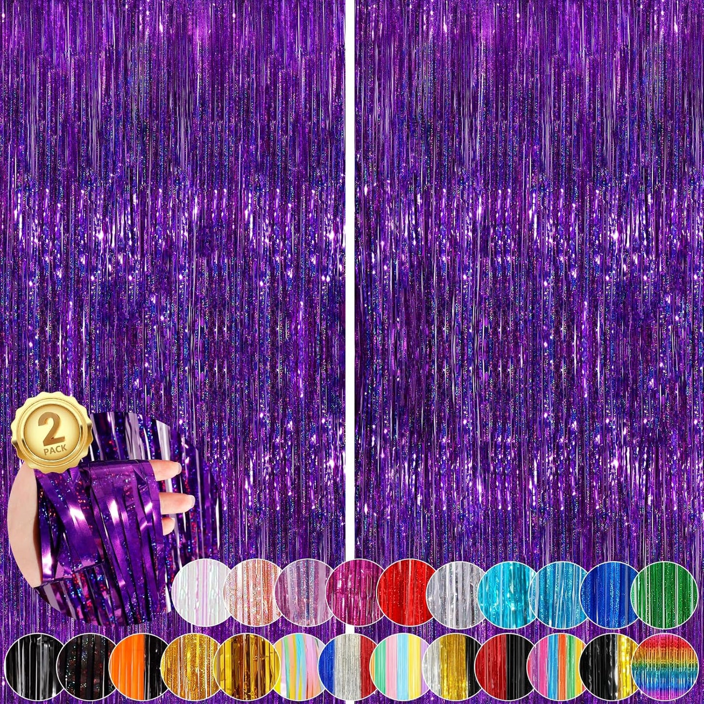 2 Pack Purple Metallic Tinsel Foil Fringe Curtains, Purple Streamers 3.3 x 8.3ft Party Streamers for Birthday Party Decorations, Foil Curtain Backdrop for Wedding Bachelorette Party, Halloween Decor