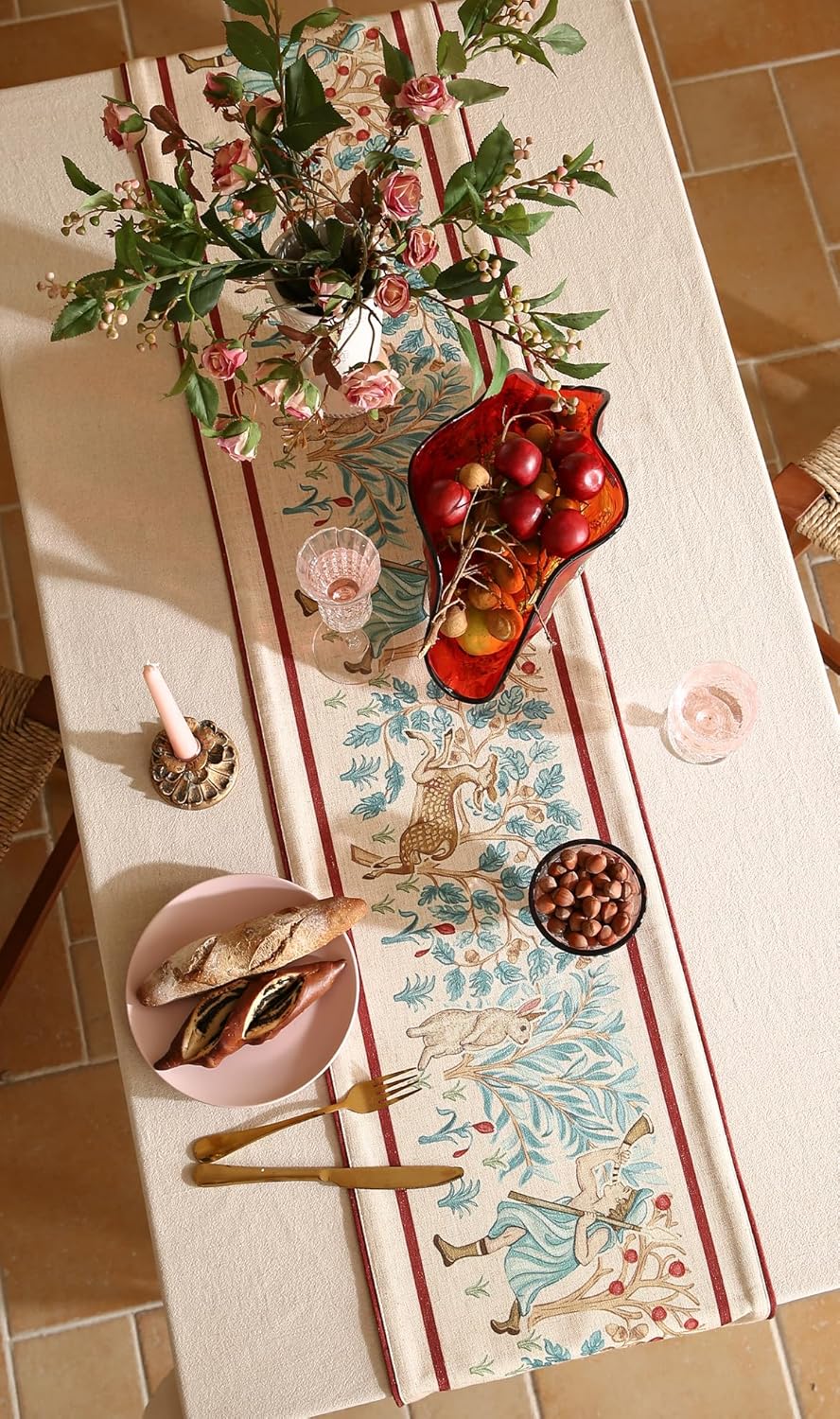 patdrea Designer Idyll Linen Extra Long Table Runner,Vintage Beige Farmhouse with Ancient Spring Figure and Animal Pattern Table Mat, Decoration for Kitchen Dining Banquet Christmas ,12"*102"