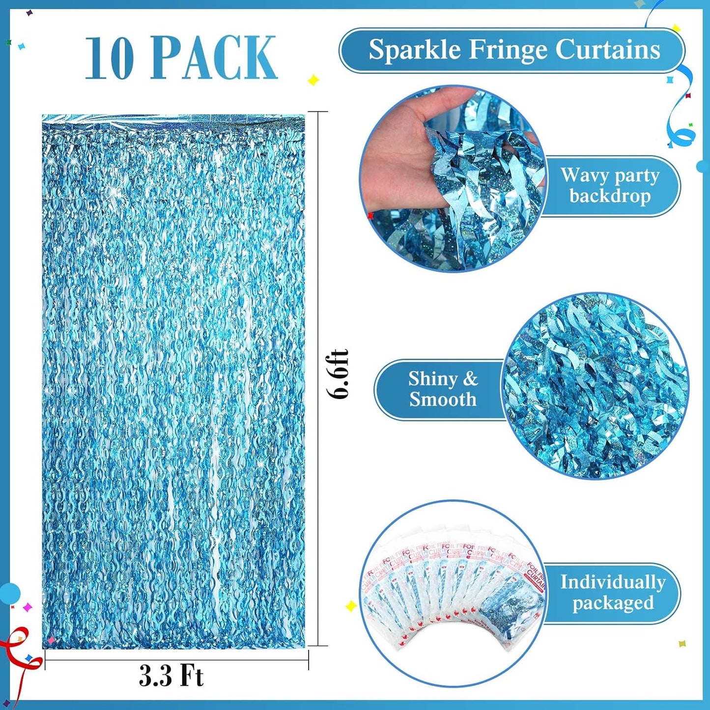 10 Pieces 3.3 x 6.6 Ft Foil Fringe Backdrop Party Wavy Tinsel Fringe Curtain Streamer for Happy New Year Carnival Party Favor 80s 90s Disco Ocean Sea Mermaid Birthday Wedding(Blue)