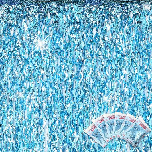 Jutom 6 Pieces 3.3 x 6.6 ft Wavy Tinsel Foil Fringe Curtains Foil Fringe Streamer Backdrop Party Curtain for Sea Mermaid Baby Shower Birthday Party Decoration(Light Blue)