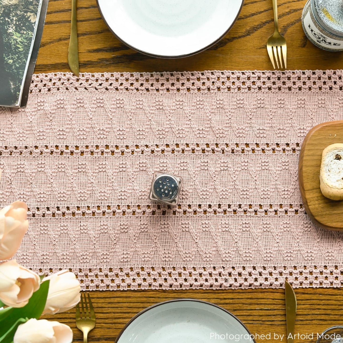 Artoid Mode Pink Farmhouse Woven Rustic Hollow Table Runner, Seasonal Holiday Kitchen Dining Table Decoration for Home Party Decor 12x36 Inch