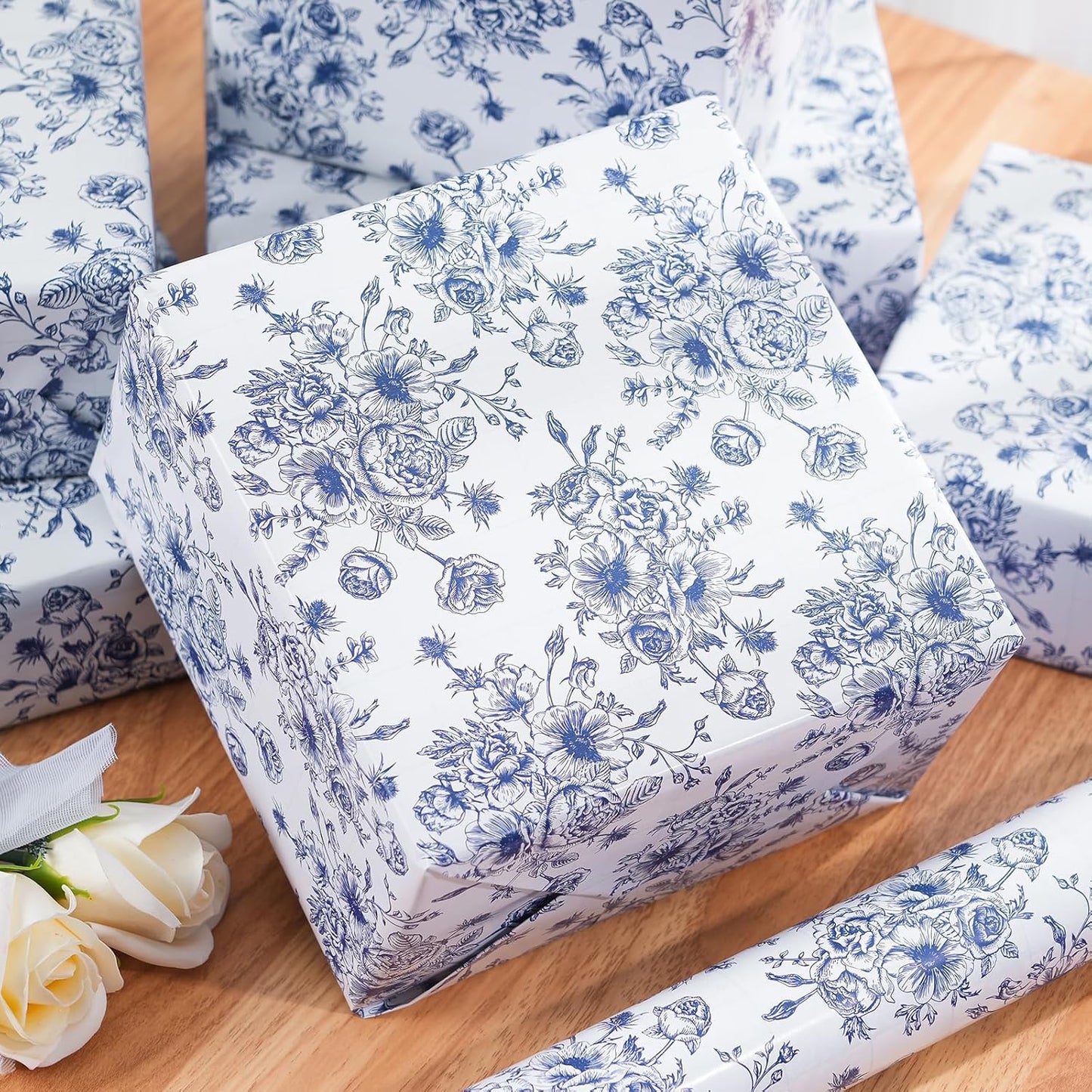 Ulmasinn Blue Floral Wrapping Paper Roll - 17 Inches x 33 Feet - Vintage Toile Blue Floral Design with Cut Lines for Upscale Gifts, Birthday, Bridal Shower, Wedding, Mother’s Day
