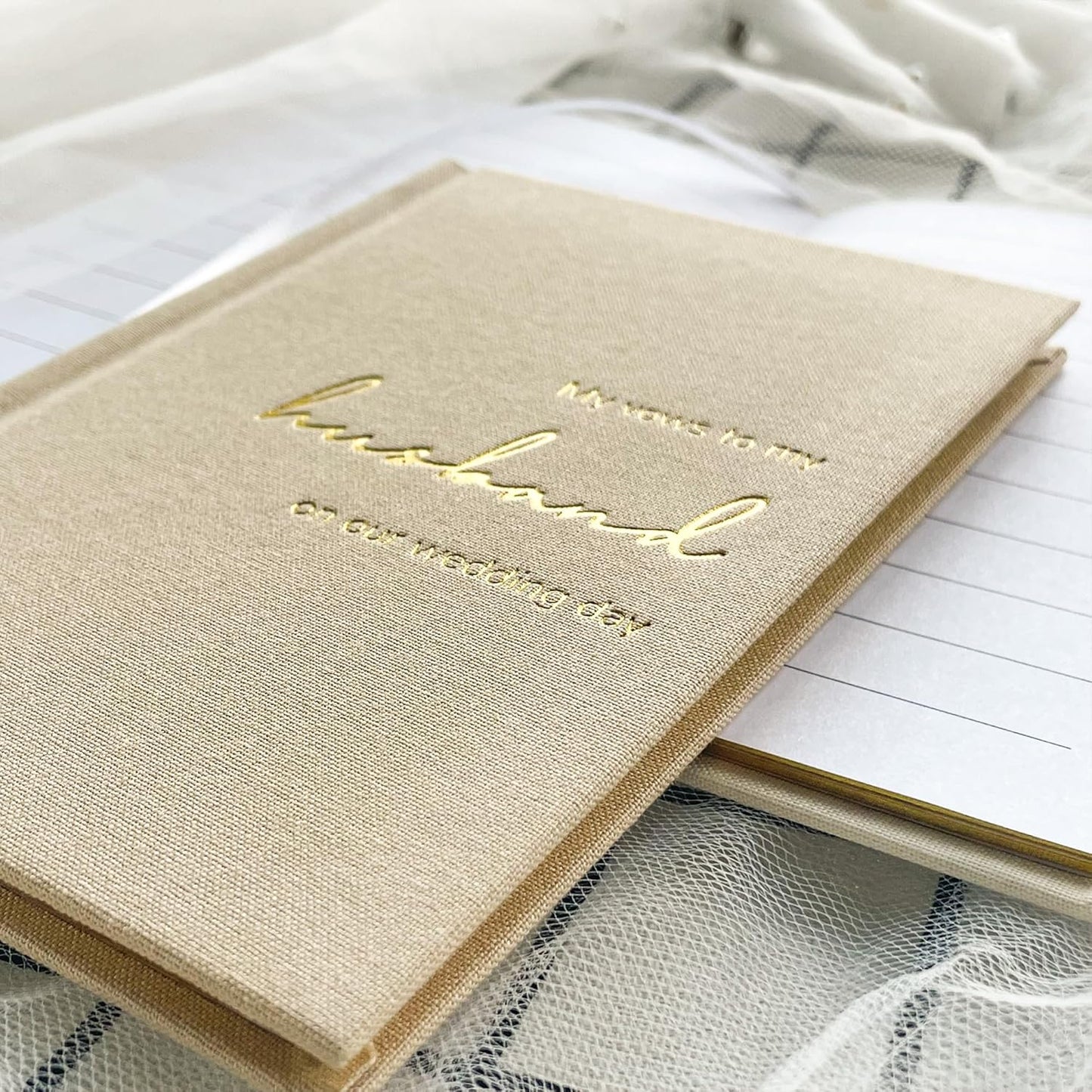 Vow Books His and Hers Set of 2 Canvas Linen Wedding Vow Books Husband and Wife Hard Cover Vow Books for Engagement Gifts(XZ-HW-Beige)