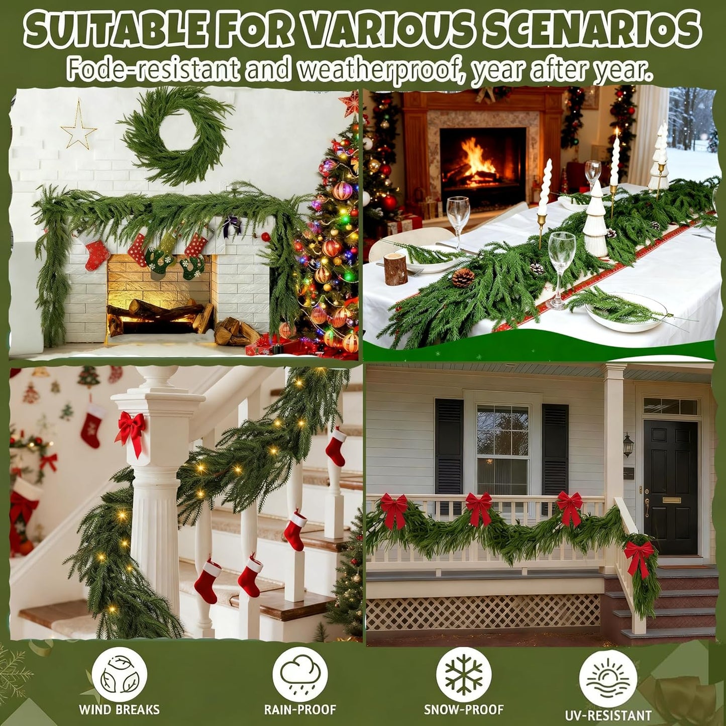 9FT Artificial Norfolk Pine Garlands for Christmas Decorations,Real Touch Winter Faux Greenery Garlands for Mantel Table Stair Fireplace Wall Holiday Indoor Outdoor Decor(1 Pack)
