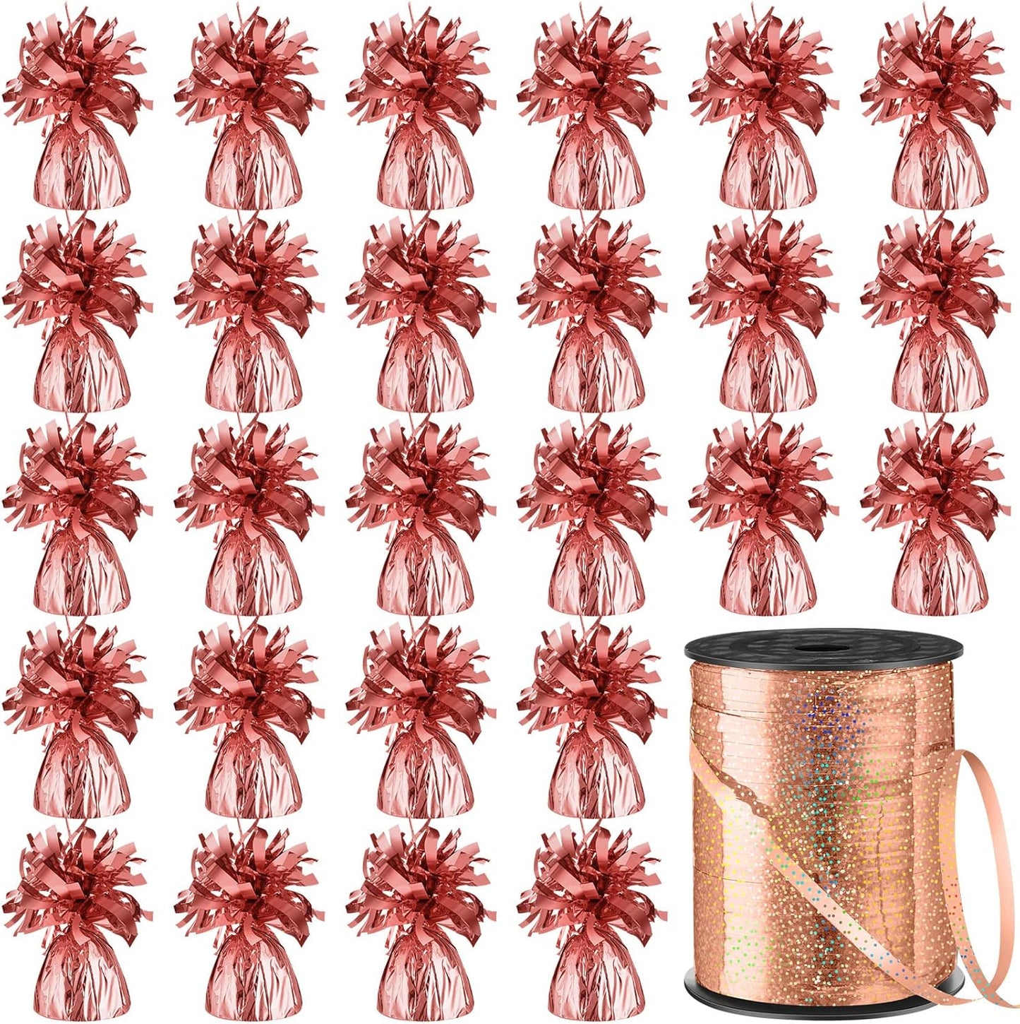24 Pcs Balloon Weights Metallic Anchor Balloon Holder for Helium Balloons Heavy Table Weights and 1 Roll Iridescent Crimped Ribbon for Birthday Wedding Halloween Christmas Party(Rose Gold)