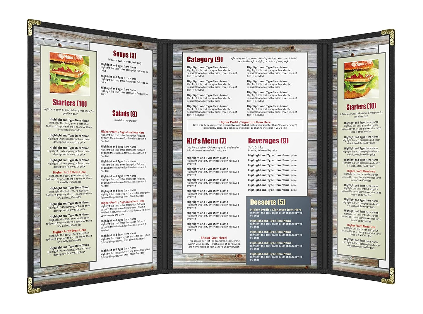 Goodsmart Restaurant Menu Covers – 25 Pack Black 6 Views Trifold, Side-Loading Menu Holders, Vinyl & Plastic Menu Covers, Clear Menu Sleeves, 8.5" x 14" & 4.25" x 14", Café Style with Gold Corners