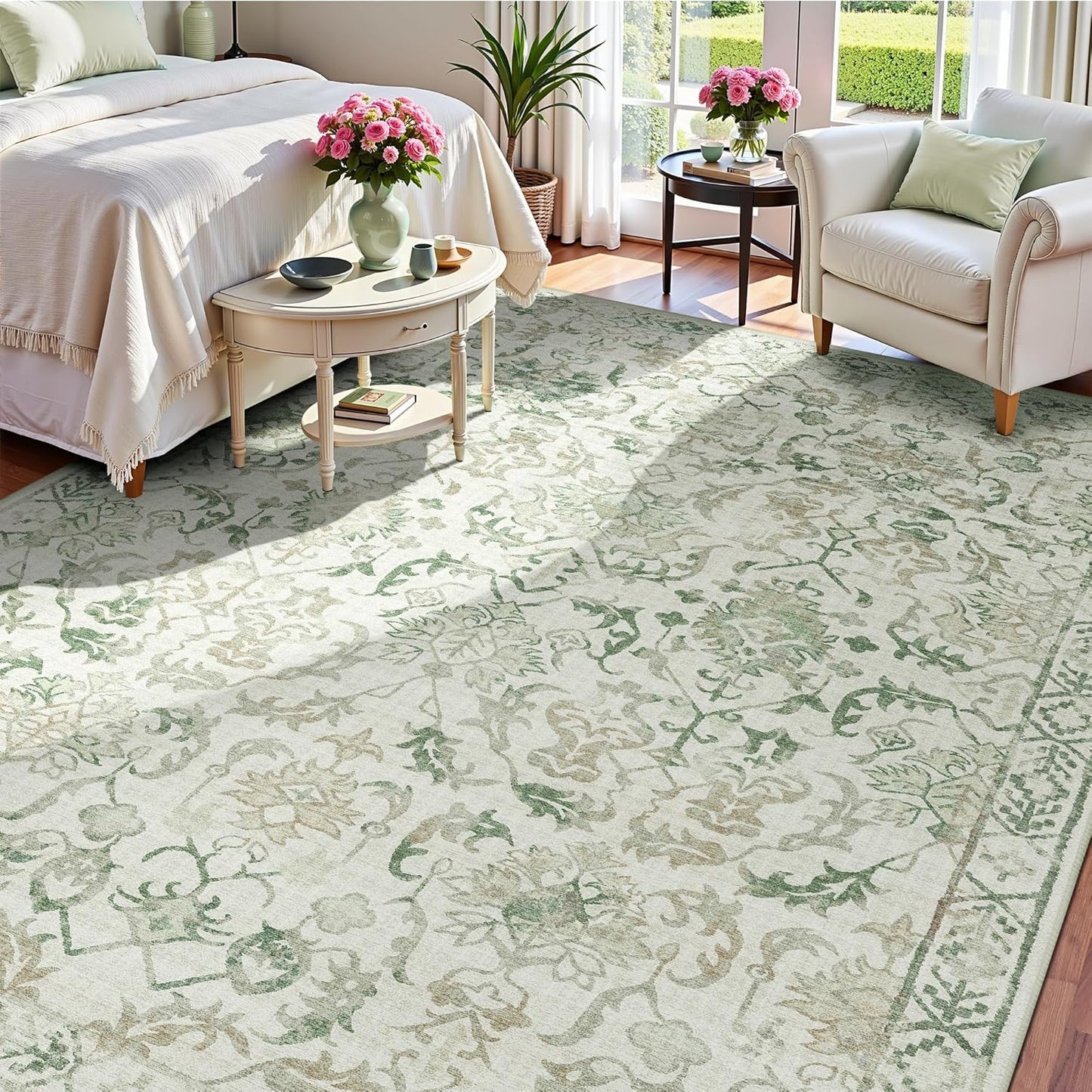 Green Area Rugs 8x10 Rugs for Living Room, Traditional Washable Rugs for Bedroom Distressed Large Area Rug Living Room Rug Non Slip Rug Carpet for Dining Nursery