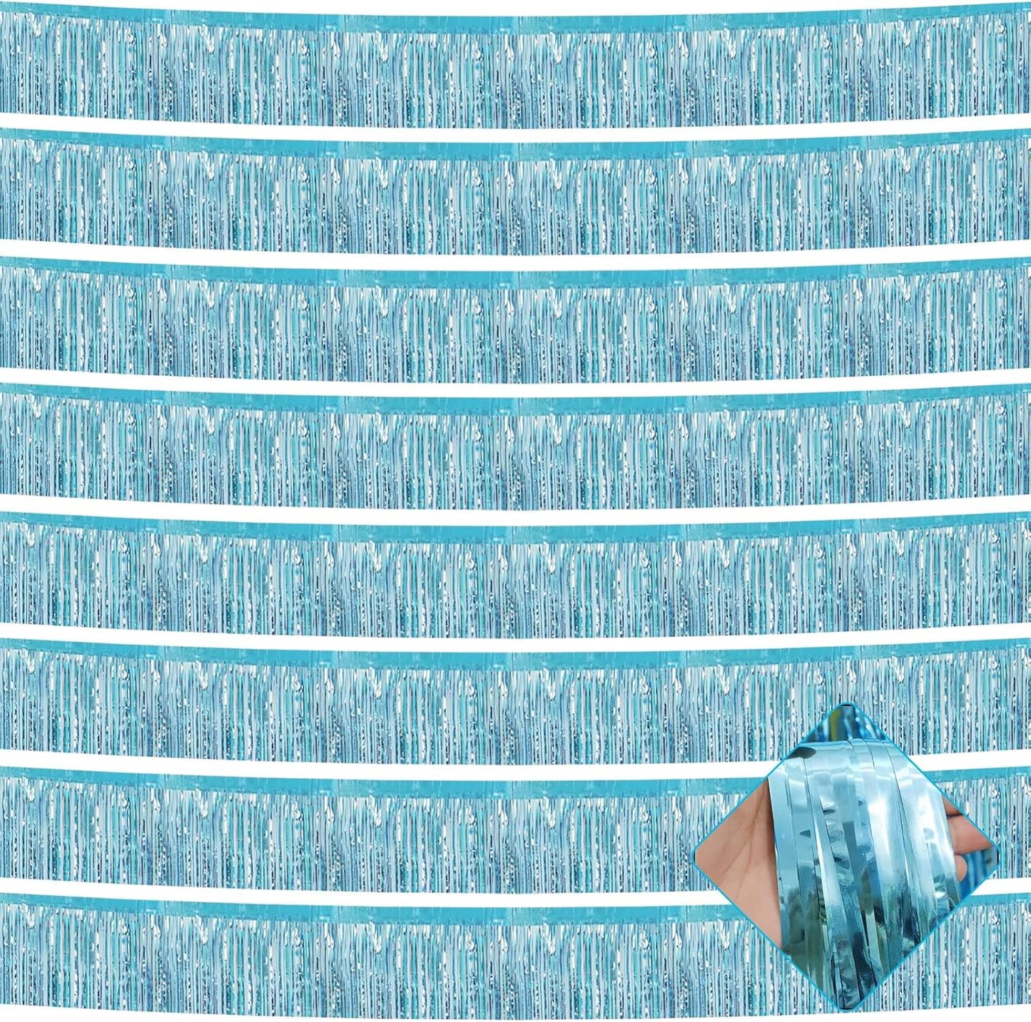 10 Pack 10 Feet Foil Fringe Garland Metallic Tinsel Streamers Banner Wall Hanging Curtain Backdrop for Parade Floats, Bachelorette, Wedding, Birthday, Halloween, Christma Party Decoration(Light Blue)
