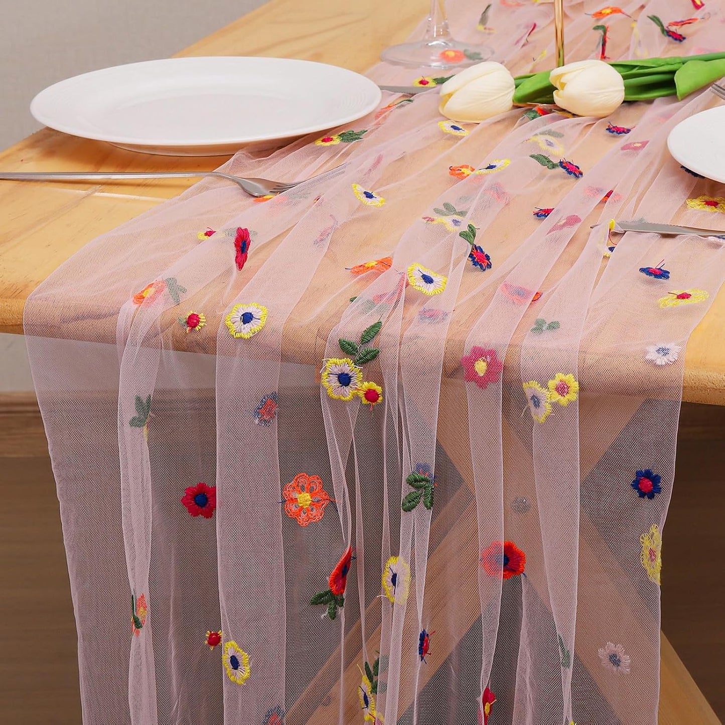 BINBE 6pcs Pink Daisy Fall Table Runner Embroidery Gauze 10FT Florals Seasonal Tulle Holiday Birthday Kitchen Dining Table Decor for Home Party