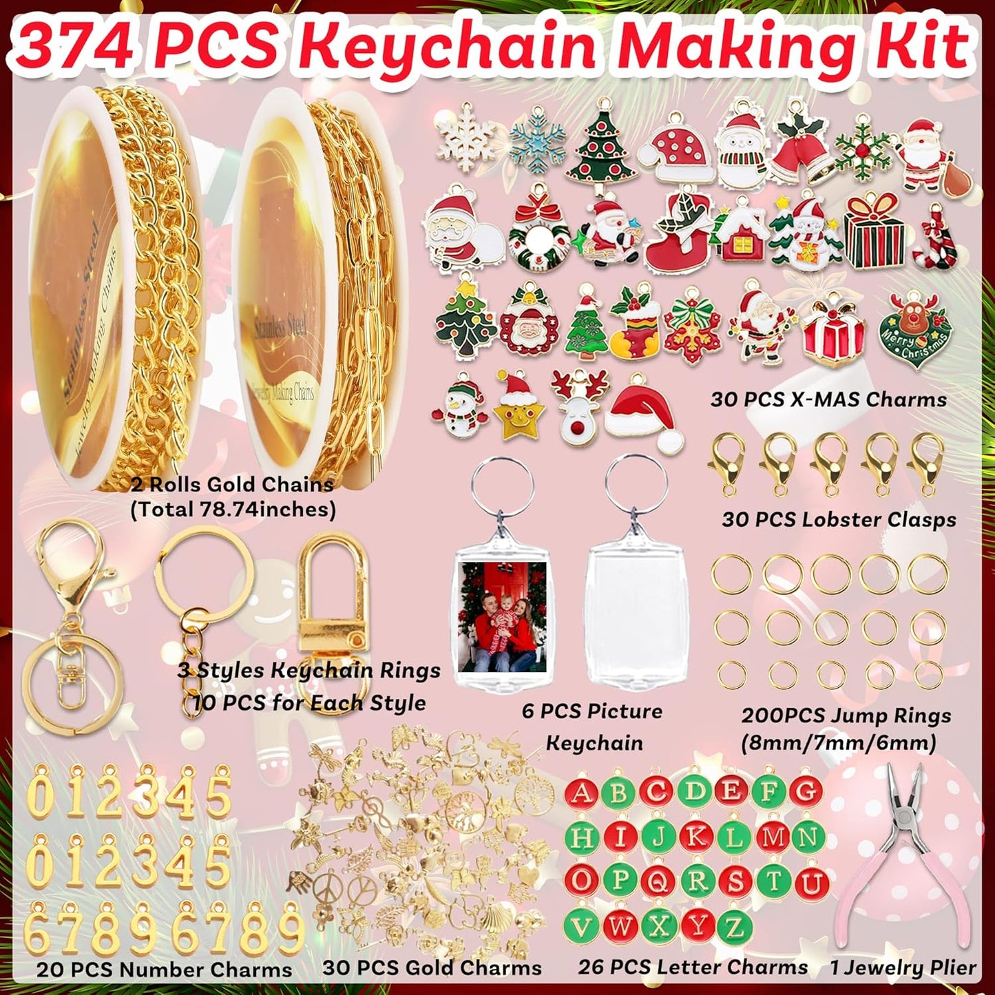 Namifin 374 Pcs Christmas Keychain Making Kit with Charms & Keychain Clips - DIY Bag Charms, Pearl Keychains, Photo Keychains, Personalized Gifts for Friends Small Business