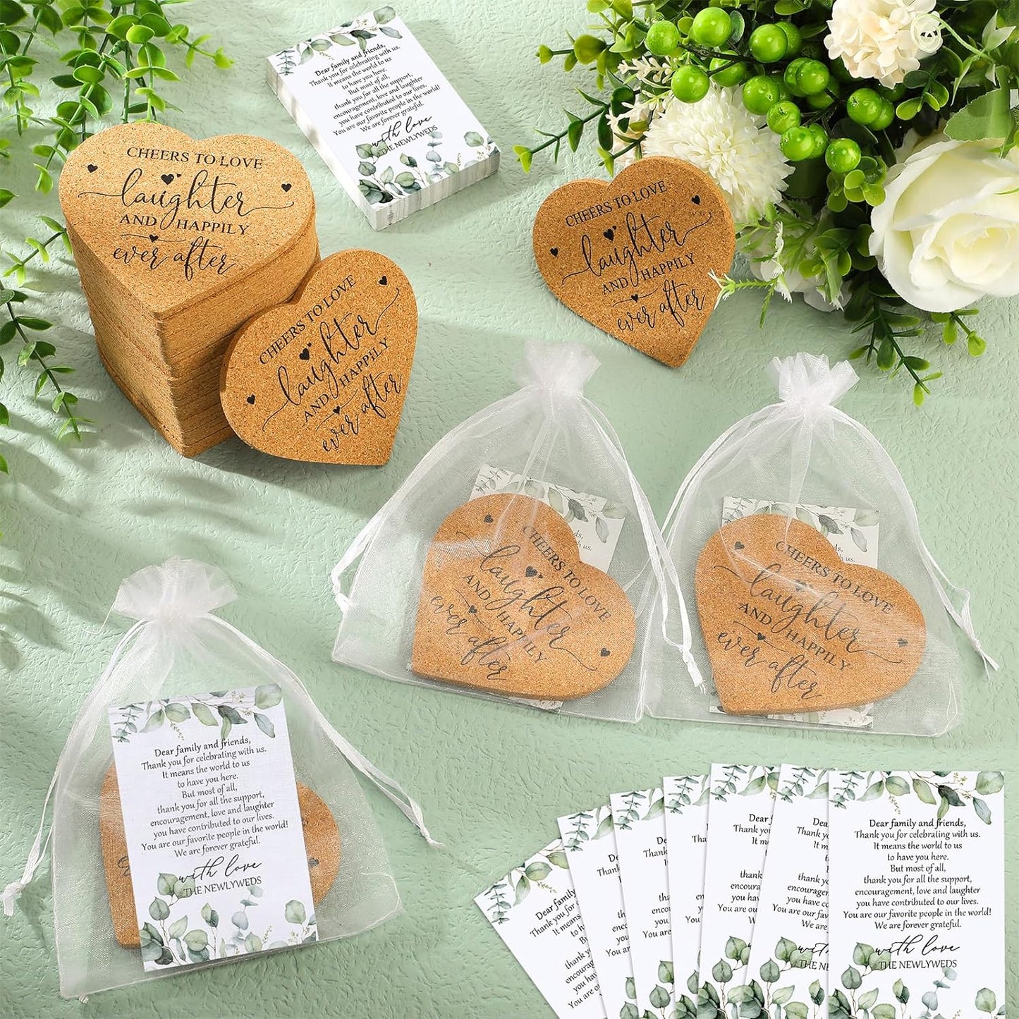 Uiifan 25 Set Wedding Favors for Guest Coaster Gifts Bulk Heart Shaped Coasters Thank You Cards Organza Bags Guest Souvenirs for Wedding Party Bridal Favors