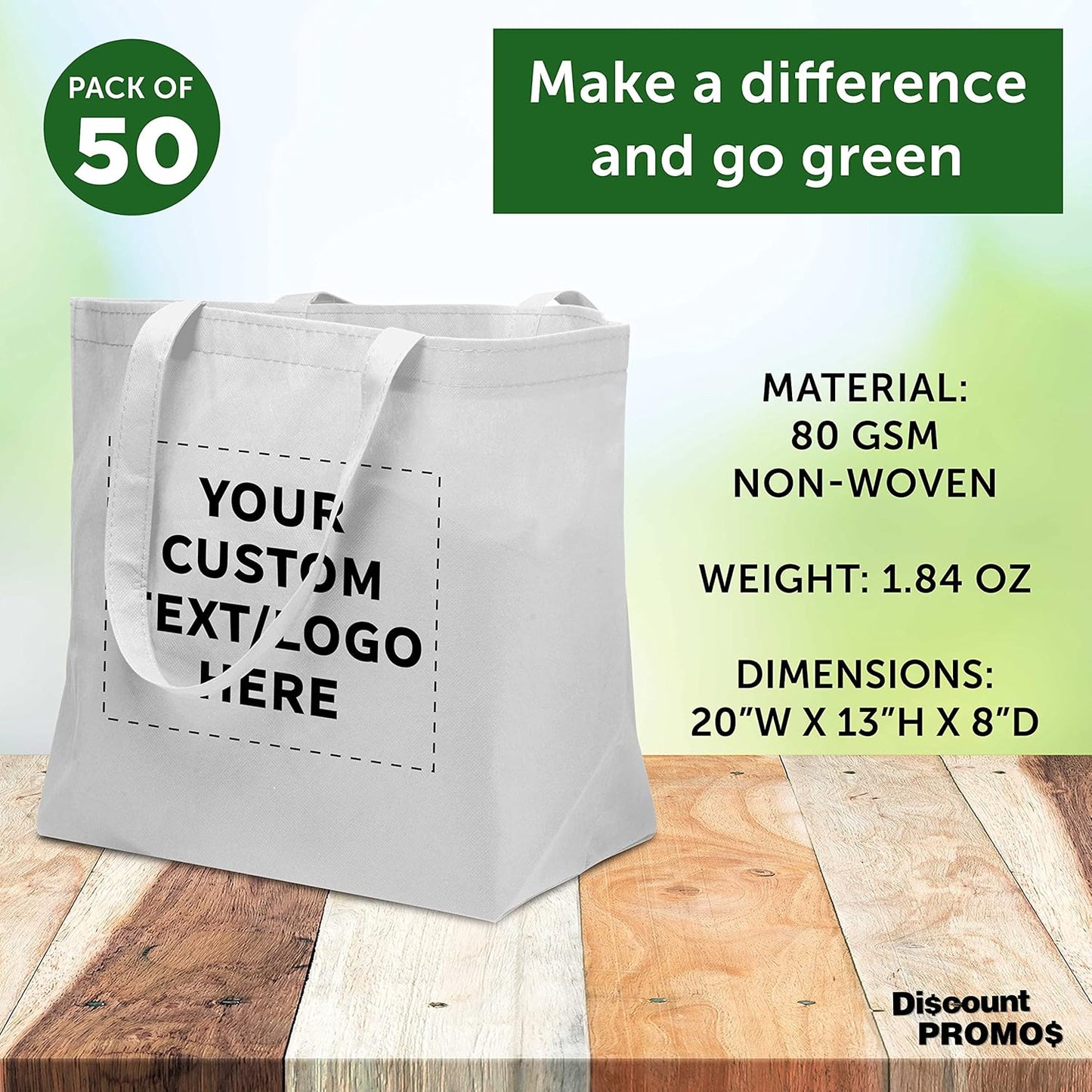 DISCOUNT PROMOS Custom Southern Style Grocery Tote Bags Set of 50 - Personalized Bulk Pack, Reusable Grocery & Shopping Bags - Great for Travel, Carry on Bag, Business Promotions - White - 20"X13"X8"