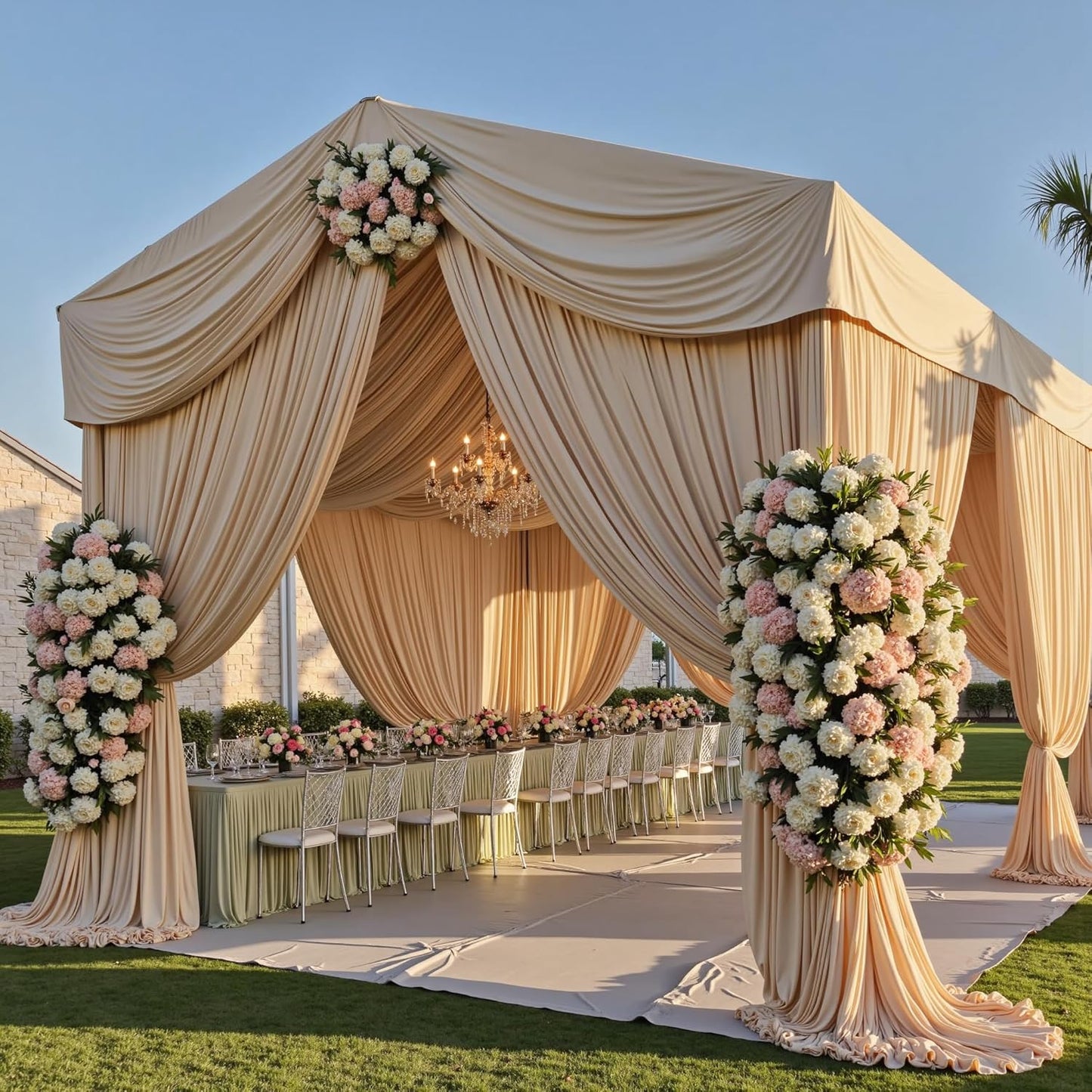 PartyVillage 2 Panels 5ftx30ft Beige Ceiling Drapes for Wedding Parties – 30 FT Extra Long Thick Polyester Wrinkle-Free Drapery Tent Decor Decorations for Birthday Party Ceremony Stage Swag