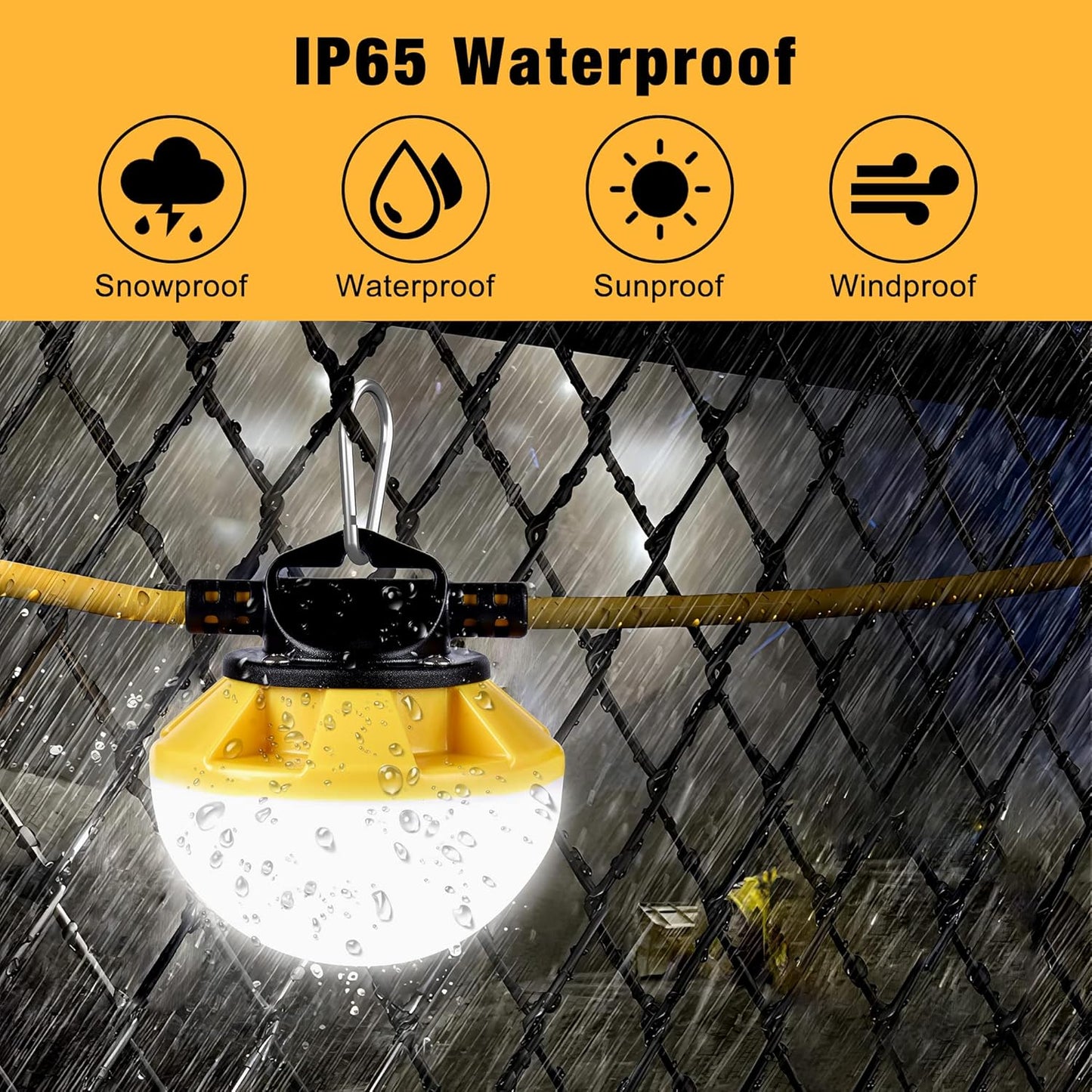 100FT Construction String Lights, IP65 Waterproof ETL Certified LED String Work Lights, 5000K Daylight 18AWG Wire Linkable Temporary Construction Lighting for Jobsite with 10 Bulbs & Hooks