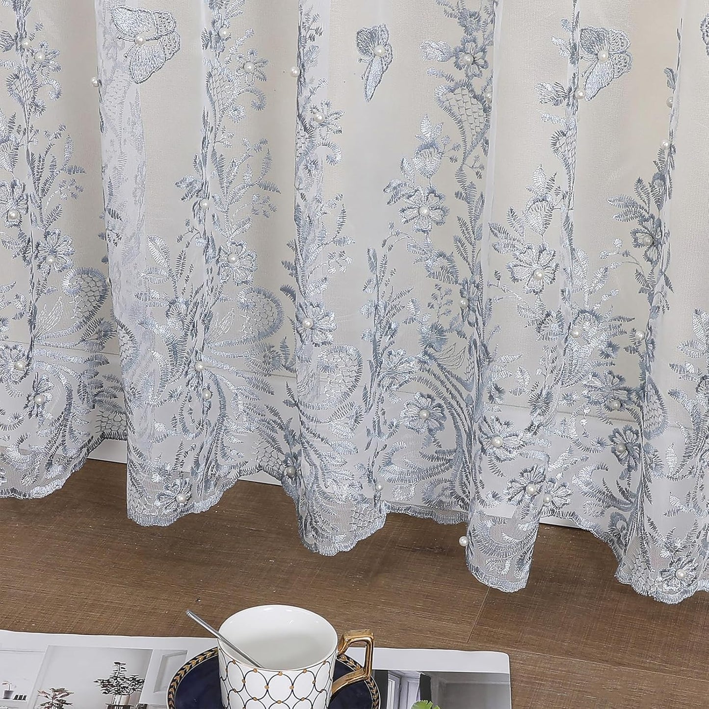 VISIONTEX White Sheer Voile Curtains, Decorative Blue Embossed Butterflies Rod Pocket Window Drapes for Home Kitchen, Living Room and Bedroom 54 x 63 Inch, Set of 2 Curtain Panels