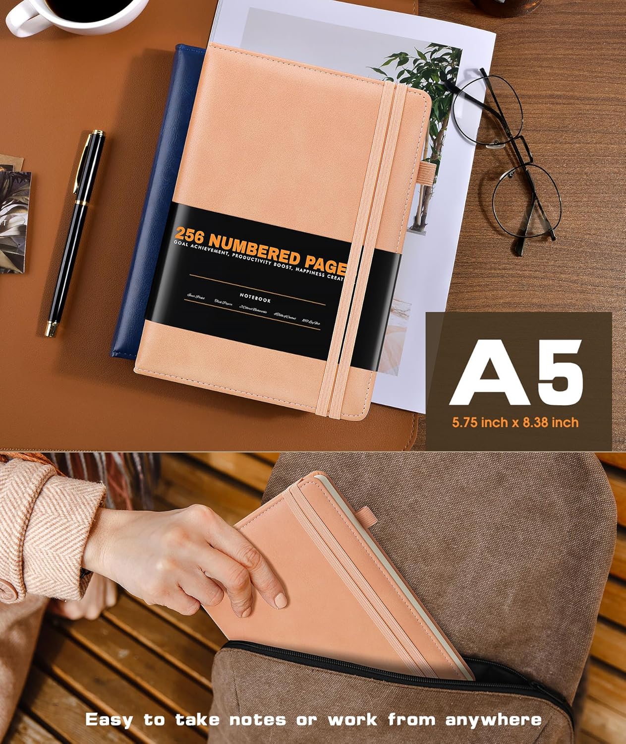 Lined Journal Notebook for Women Men, 256 Numbered Pages Hardcover Leather Journals for Writing, A5 Journaling Notebooks, College Ruled Journal for Business Work School Note Taking 5.75" x 8.38" Pink