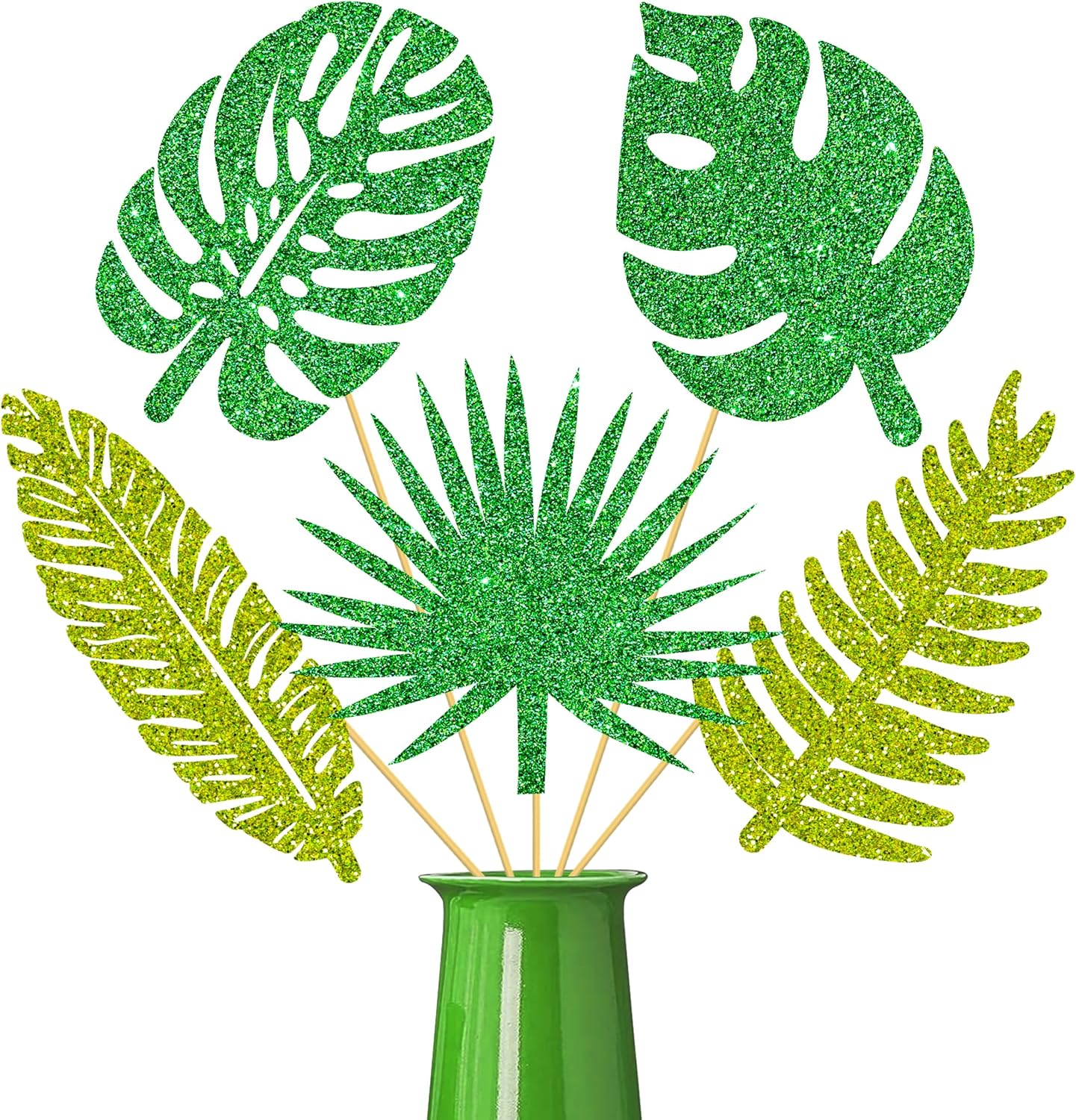 20pcs Glitter Tropical Leaves Centerpiece Decorations for Table Green Palm Leaf Theme Centerpiece Sticks Hawaiian Luau Birthday Decorations for Summer Jungle Theme Birthday Party Baby Shower Supplies