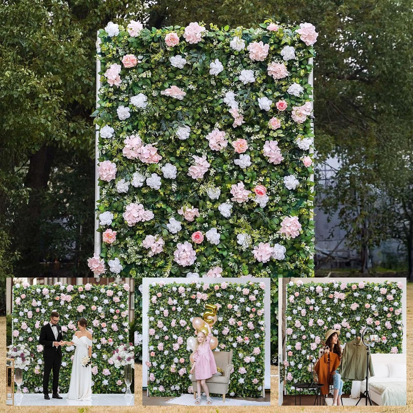 Artificial Luxury‌ Flower Wall Panels, Gorgeous 3D Silk Floral Backdrop for Wedding, Baby Show, Party and Home Decor, Quick Assembly/Storage, Eco ＆ Pet Friendly, 2 pcs, Each Panel 2 * 8 ft.