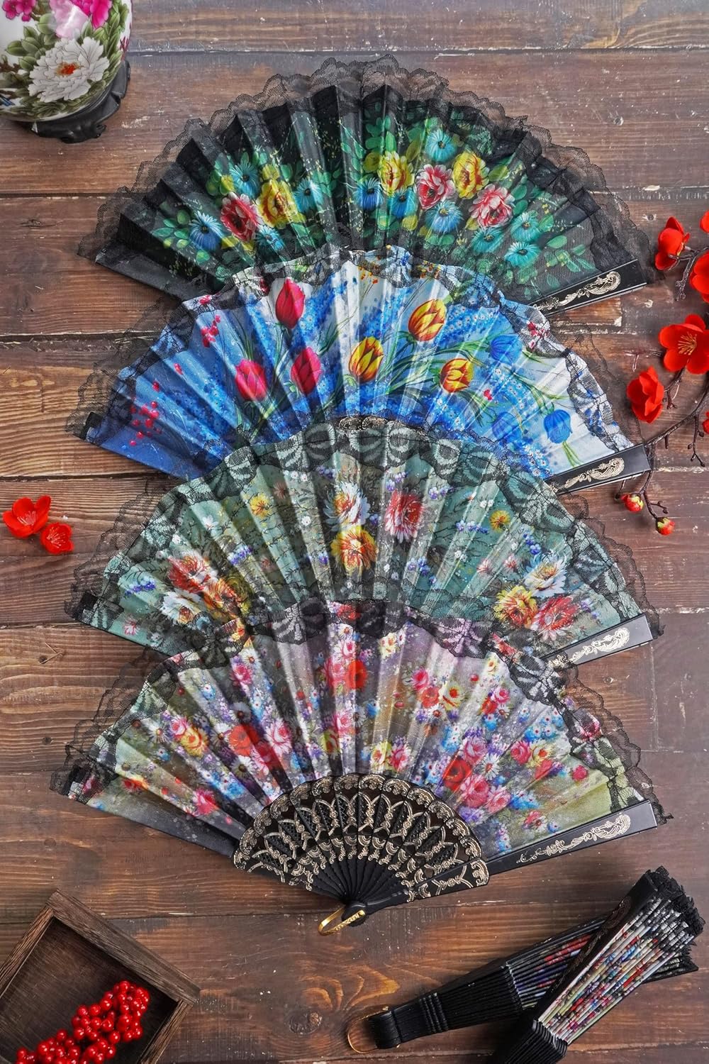 HUNANBANG 4 Pieces Folding Hand Fans Church Wedding Gift, Party Favors, DIY Decoration Gift Size9 Wholesale 4pack (Spanish 4pack)