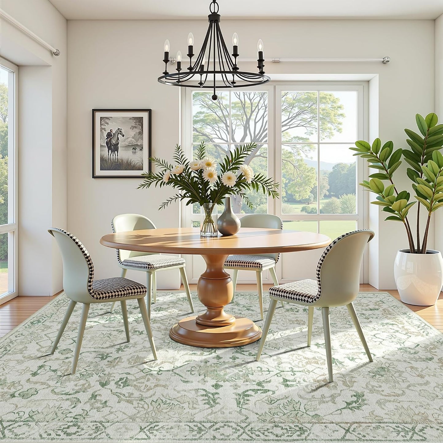 Light Green Area Rugs 5x8 for Living Room, Washable Vintage Rugs for Bedroom, Non Slip Throw Carpet for Bedroom Dining