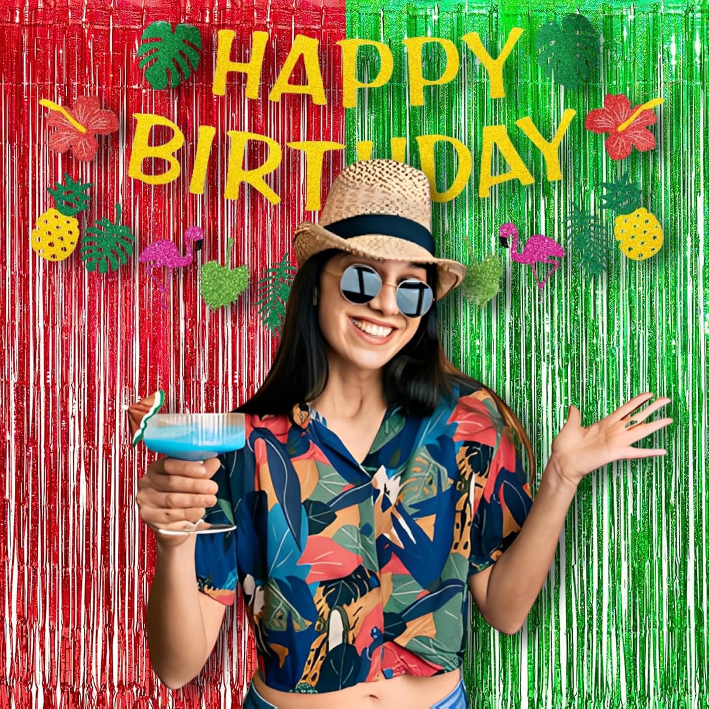 BRAVESHINE Tinsel Foil Fringe Curtains - 2 Pack 3.2 x 8.2 ft Metallic Photo Booth Streamer Backdrops for Birthdays Fiestas Melons Hawaiian Luau Tropical-Theme Christmas Party Decorations - Red Green