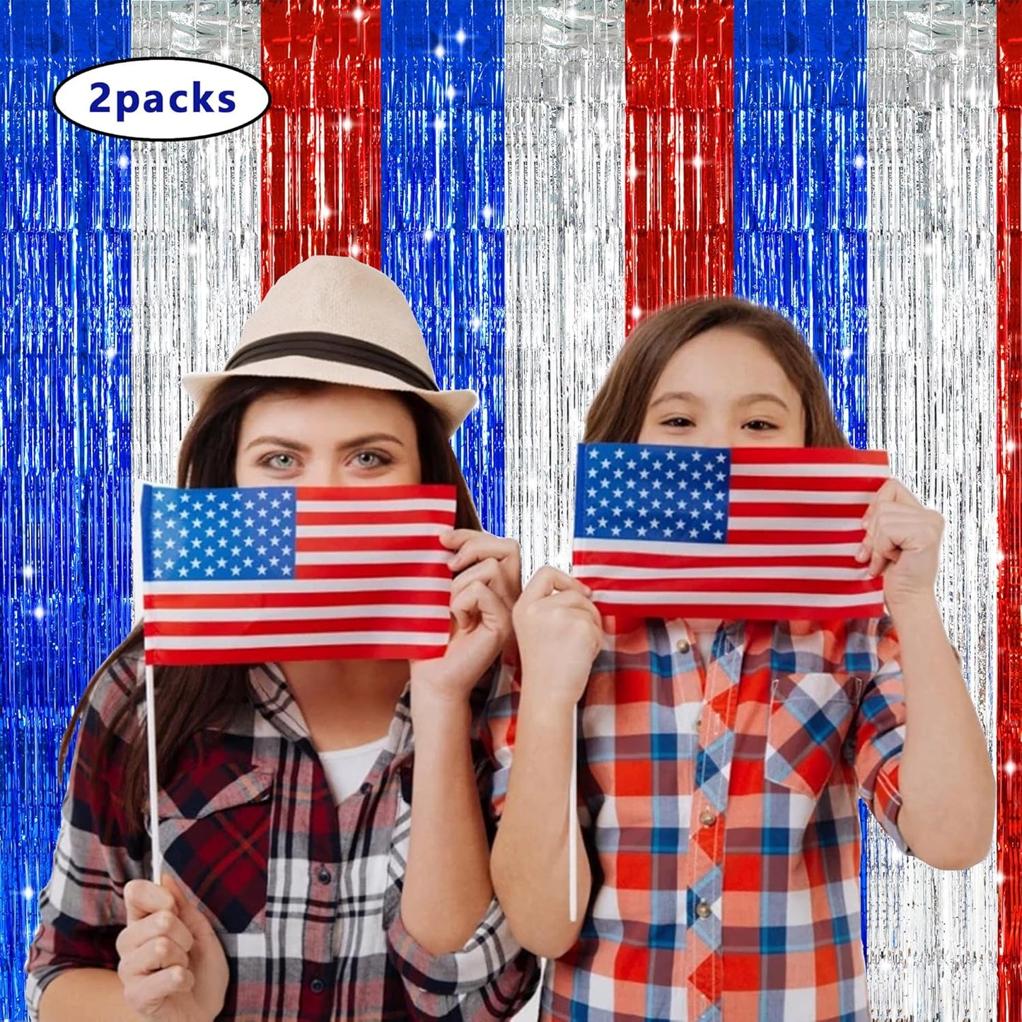 TONIFUL Red White and Blue Tinsel Foil Fringe Curtains,4th of July Decorations Independence Day Photo Booth Backdrop,Metallic Door Streamers for Patriotic Party Memorial Day Labor Day Supplies