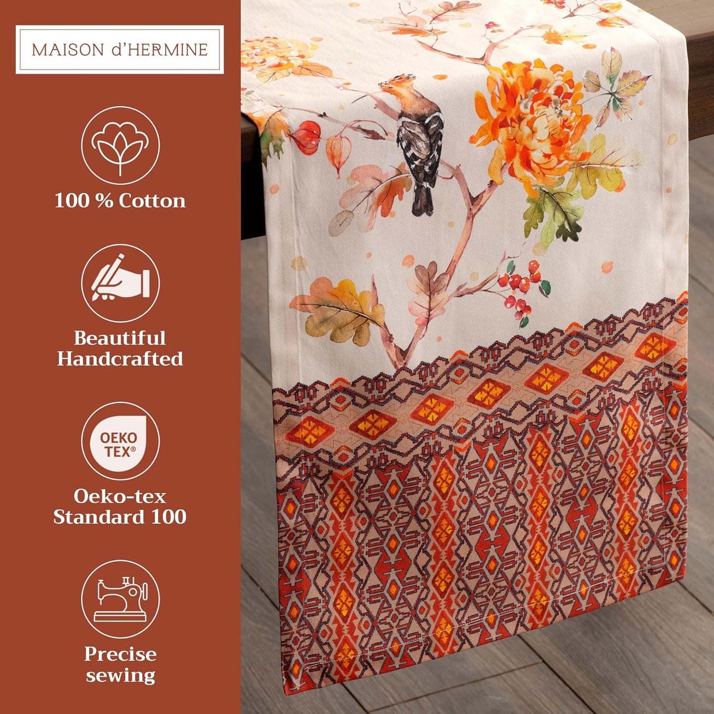 Maison d' Hermine Table Runner 100% Cotton Single Layer Table Runners 72 inches Long for Thanksgiving Christmas Decorations Home Kitchen Dining Party Wedding (Kelim - Prairie, 14.5" x 72")