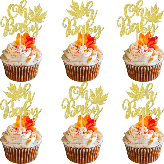 24 PCS Maple Leaf Oh Baby Cupcake Toppers Glitter Fall Baby Shower Cupcake Picks for Thanksgiving Theme Baby Shower Kids Boys Girls Birthday Party Cake Decorations Supplies Gold