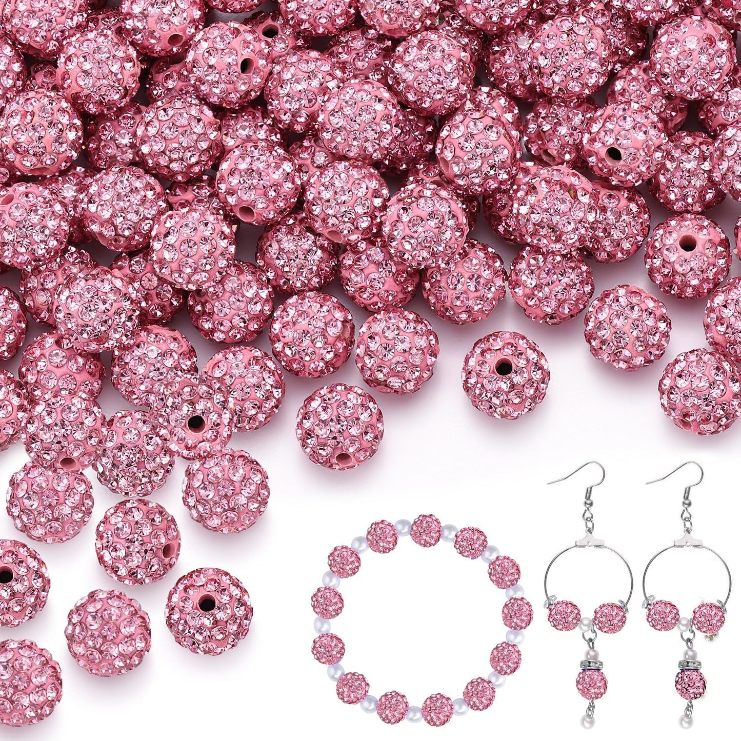 150 pcs 10mm Rhinestone Beads for Jewelry Making, Pink Shiny Round Shamballa Disco Beads Bulk, Sparkle Crystal Clay Christmas for Bracelet Baseball Necklace Earring Crafting and DIY