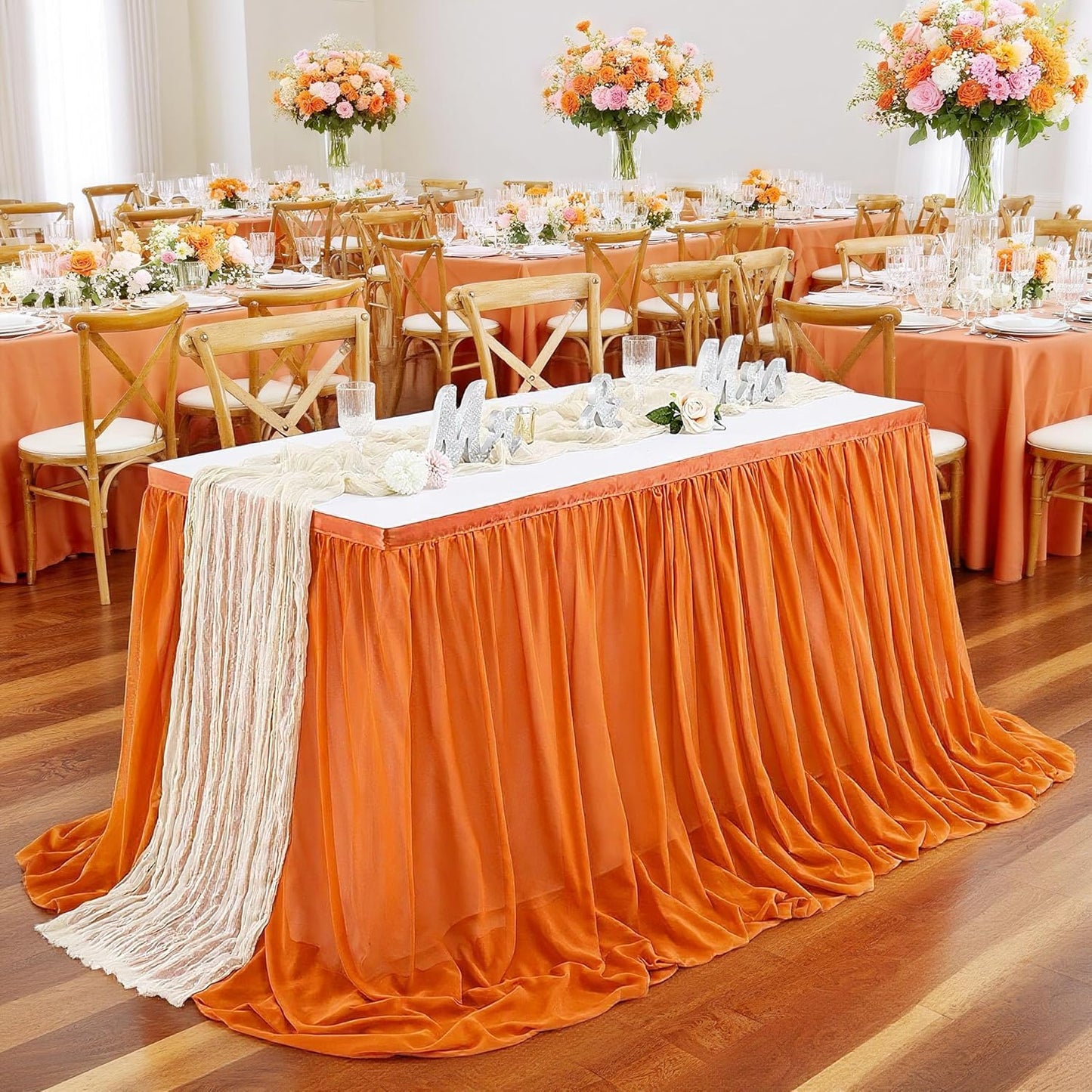 QueenDream 14FT Terracotta Chiffon Table Skirt Skirt Sheer Rectangle Tablecloth for Bridal Baby Shower Birthday Party Halloween Decoration