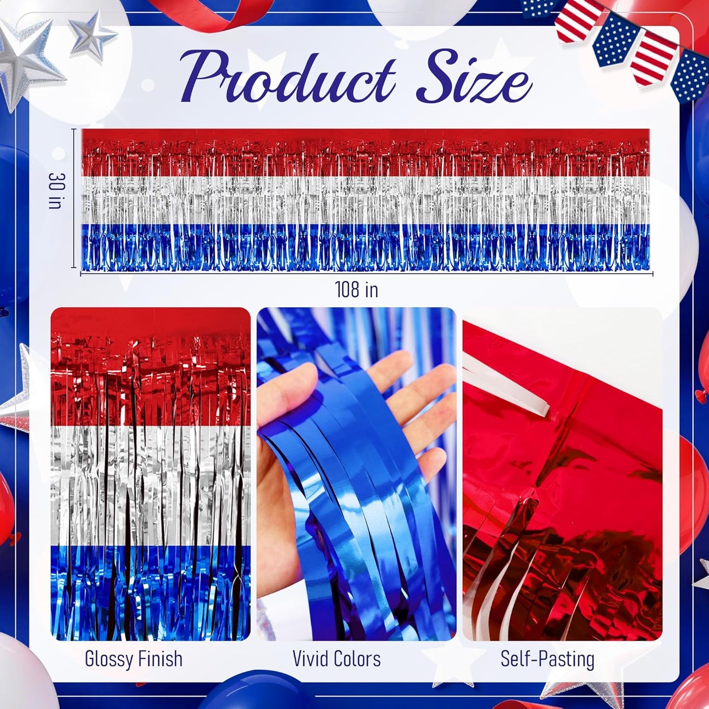 2 Pack Red&White&Blue Table Skirts, 29x108" Metallic Foil Tinsel Fringe Table Skirt for Rectangle Tables Streamer Curtains Backdrop, Party Decorations for Birthdays, Weddings, Holidays