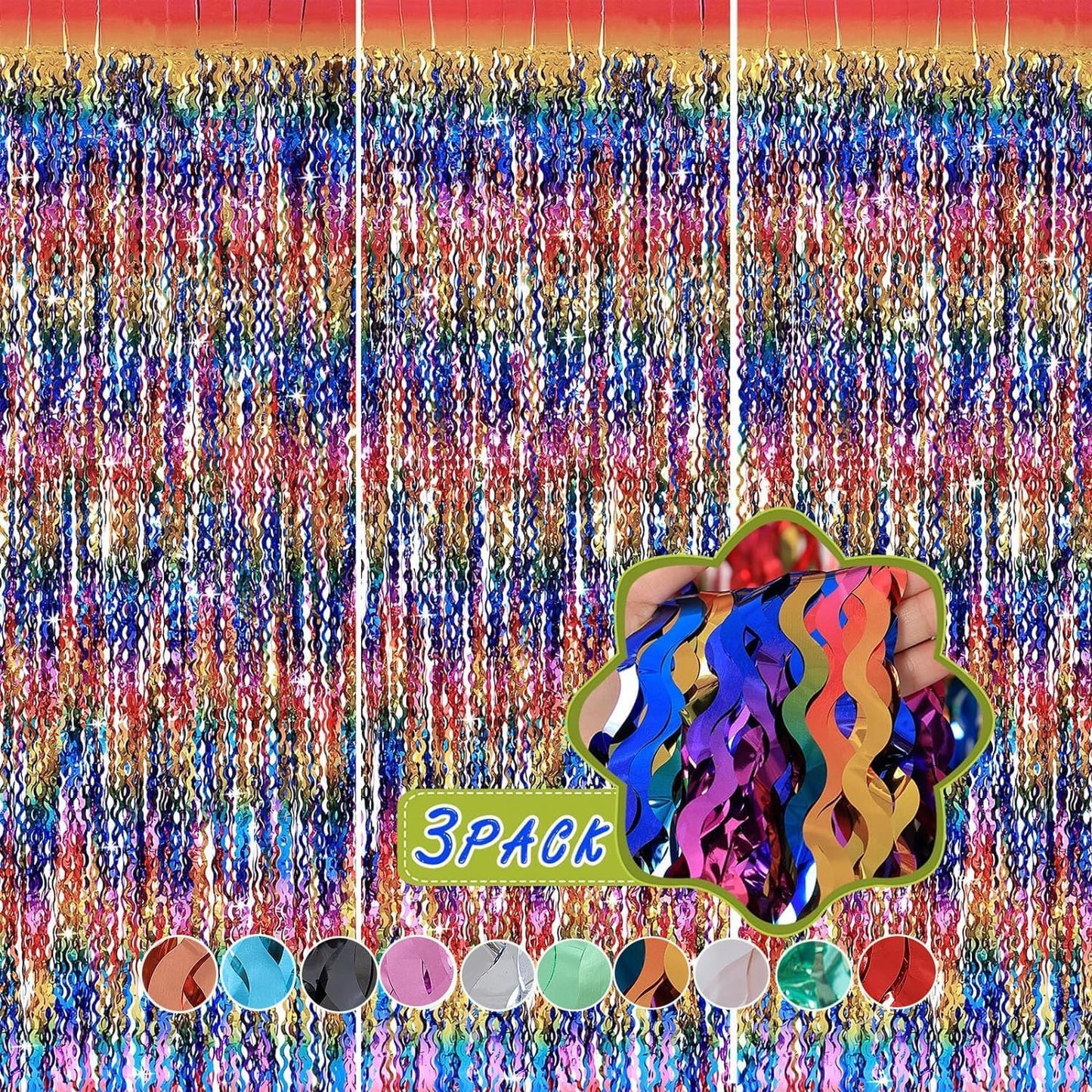 3 Pack Colorful Foil Fringe Curtain Backdrop - 6.6 x 3.3 ft Wavy Rainbow Tinsel Backdrop Curtain Metallic Streamers Iridescent Holiday Photo Booth Party Decorations