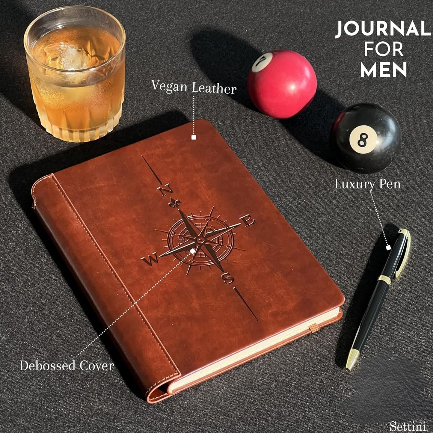 SETTINI® Lined Journal - Compass Journal for Writing Gift Set - Hardcover Vegan Leather, Includes Luxury Pen in a Unique Pen Holder, 192 Pages, 6 x 8.5 inches, Birthday Gift