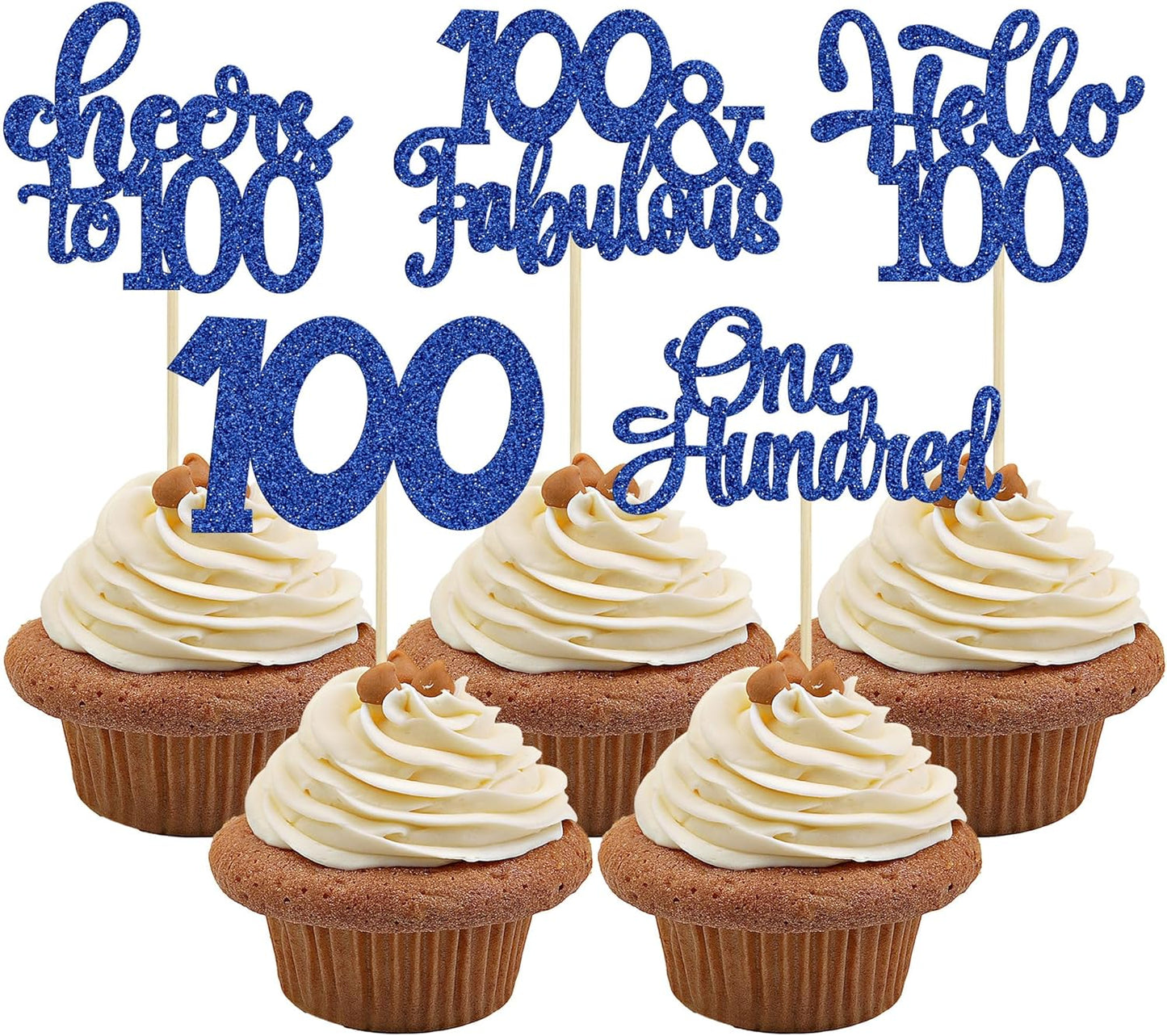 30pcs Happy 100th Birthday Cupcake Toppers - Deep Blue Glitter One Hundred Cheers to 100 Years Old Cupcake Picks for Anniversary Party Cake Decorations