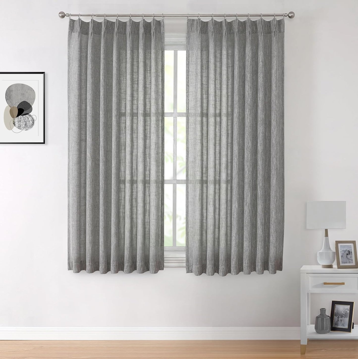 Vision Home Pinch Pleated Gray Semi Sheer Curtains Textured Light Filtering Window Curtains 72 inch for Living Room Bedroom Rayon Blended Charcoal Grey Pinch Pleat Drapes with Hooks 2 Panels 40"Wx72"L