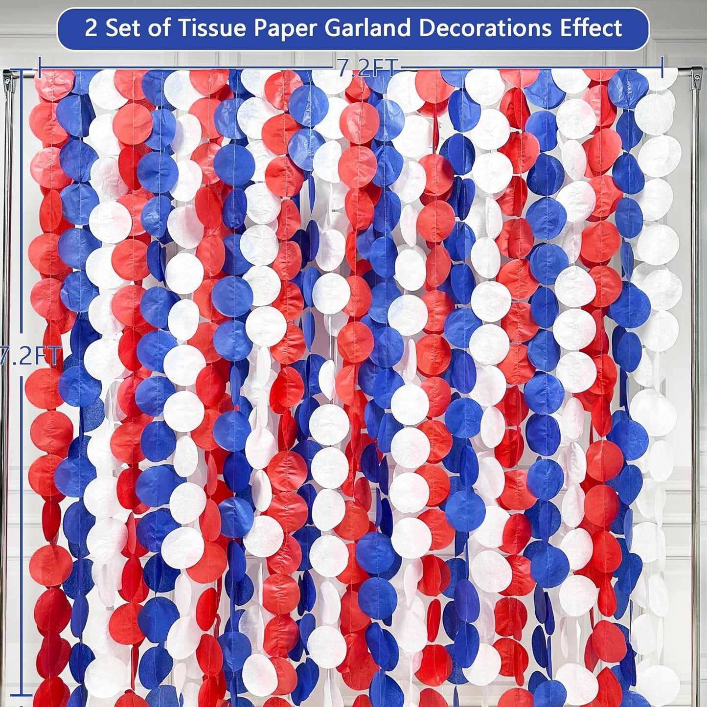 192Ft Royal Blue Red White Party Decorations Big Circle Dots Tissue Paper Backdrop Streamer Garland for 4th of July American USA National Day Patriotic Veterans Graduation Wedding Birthday Party