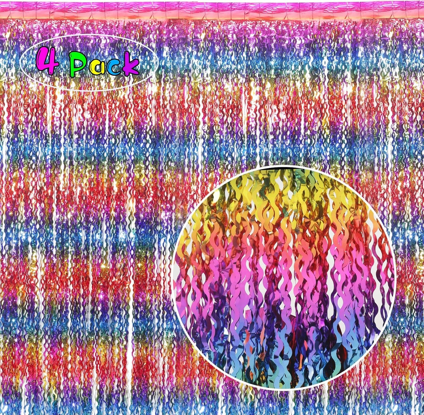4 Pack Wavy Rainbow Foil Fringe Curtain | 3.3x6.6ft Colorful Tinsel Metallic Streamers Holiday Photo Booth Props Backdrop for Engagement Bridal Shower Unicorn Party Decorations