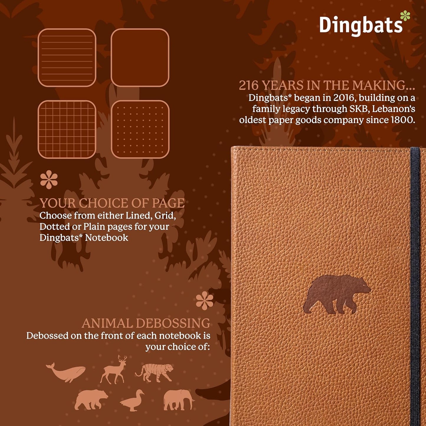 Dingbats* Wildlife Lined Writing Journal Notebook A5 - Vegan Leather Hardcover - Ideal for Work, Travel - Pocket, Elastic Closure, & Bookmark