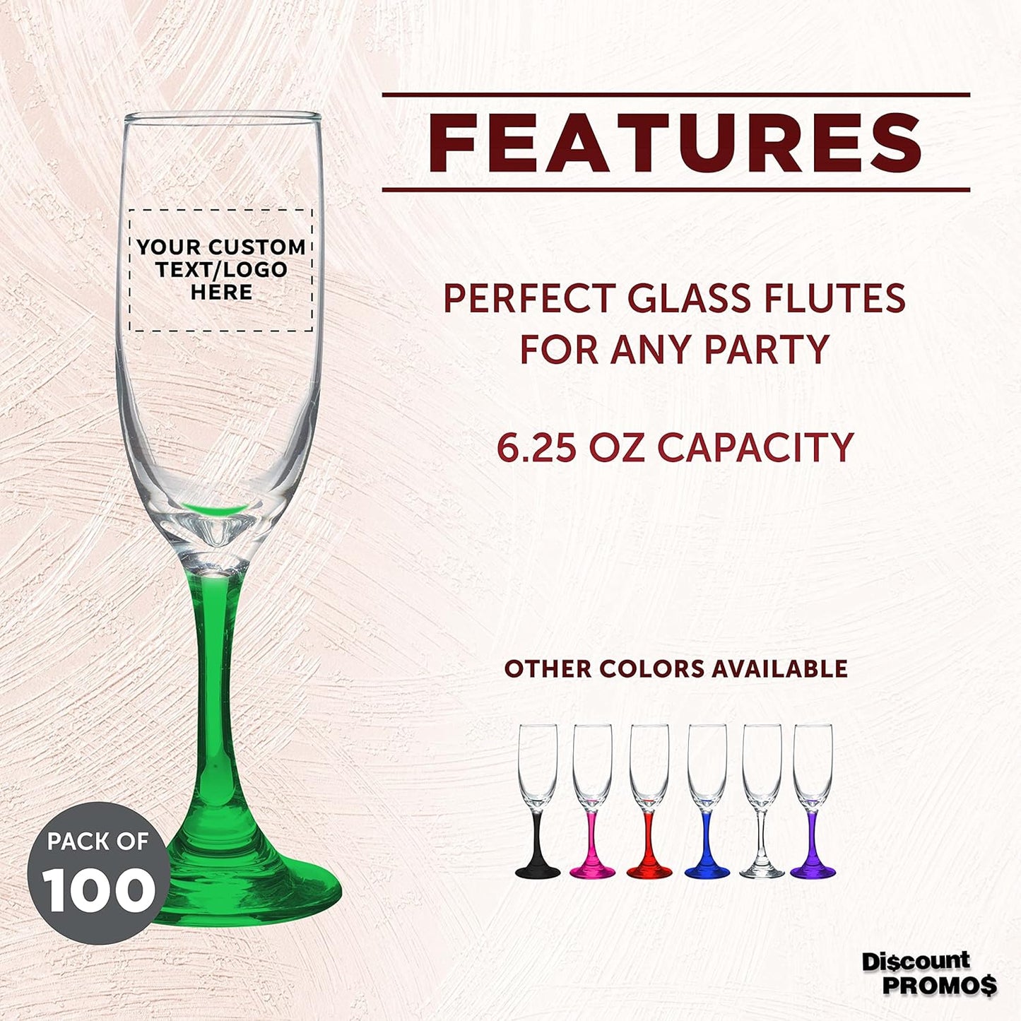 DISCOUNT PROMOS Custom Premiere Champagne Flutes 6.25 oz. Set of 100, Personalized Bulk Pack - Elegant Drinkware for Weddings, Events, & Promotional Gifts - Green