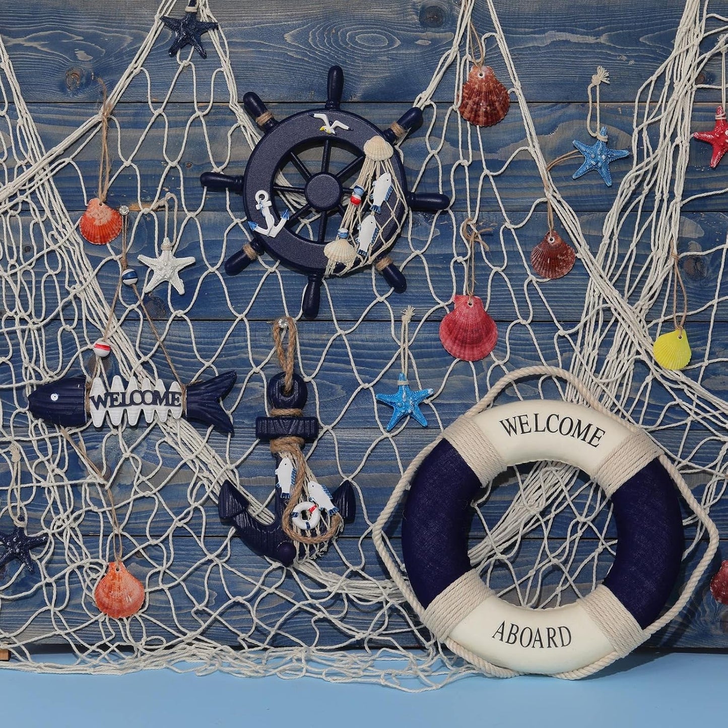 Marsui 11 Pcs Wooden Nautical Wall Decor Fishing Net Decoration, Include Decorative Fishing Net, Ship wheel, Fish Skeleton, Life Ring, Anchor, Starfish Beach Decor for Mediterranean Party (Khaki)