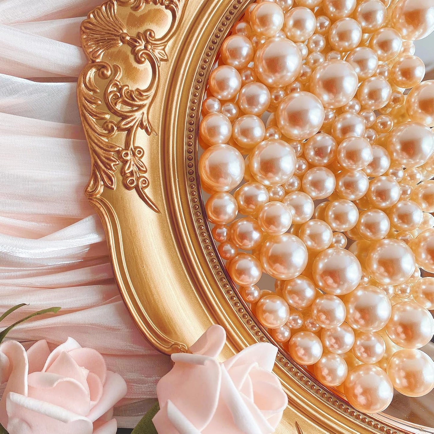 180PCS Champagne Beads for Centerpieces Vases, No Hole Polished Pearl Makeup Beads Mixed 8/14/20mm Sizes, Pearl Vase Fillers Table Scatters for Party Wedding Decor