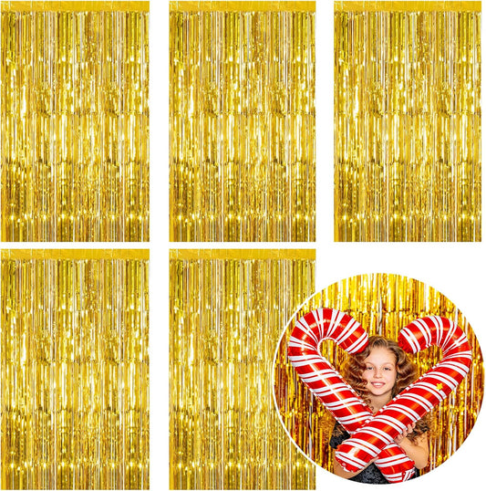 5 Pack Foil Curtain Backdrop Gold Metallic Tinsel Foil Fringe Curtains Photo Booth Props for Birthday Wedding Engagement Baby Shower Bachelorette Christmas Holiday Celebration Party Decorations