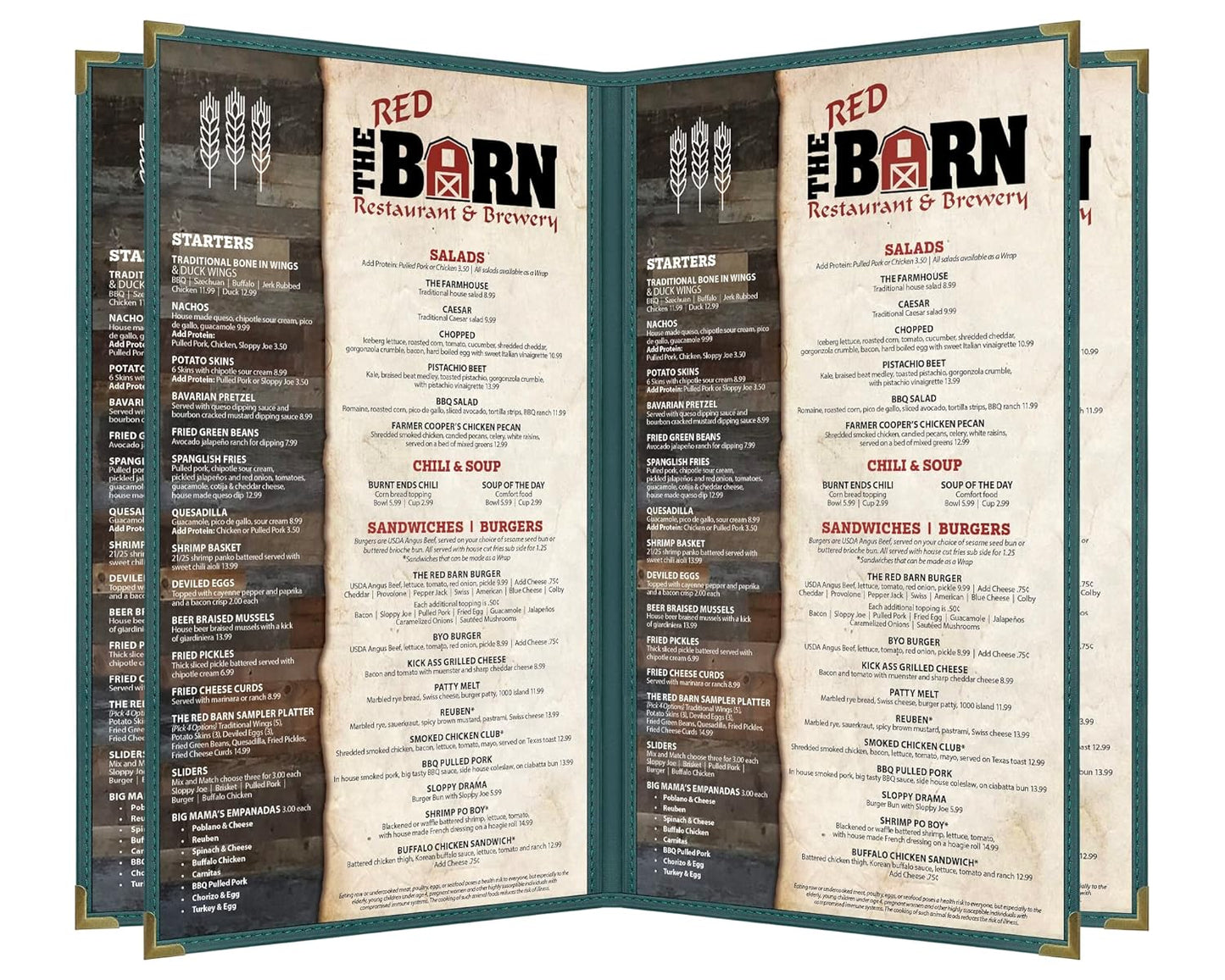 Goodsmart Pajco Style Restaurant Menu Covers – Pack of 10, Side-Loading Menu Holders, Single Stitched Edge, Clear Vinyl Menu Sleeves, Leatherette Trim, Gold Corners, Green, 6 View (8.5" x 14")