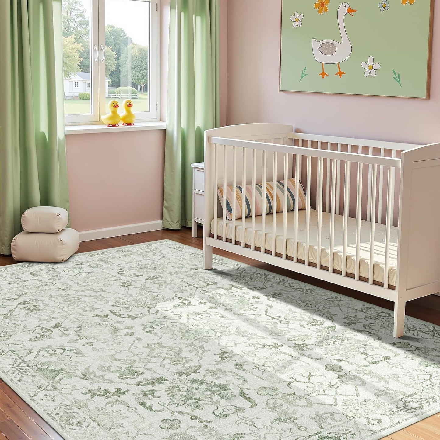 Sage Vintage Area Rug 3x5 for Living Room Bedroom, Washable Distressed Farmhouse Soft Thin Non-Shedding Indoor Throw Rug, Traditional Accent Carpet for Bedroom Office